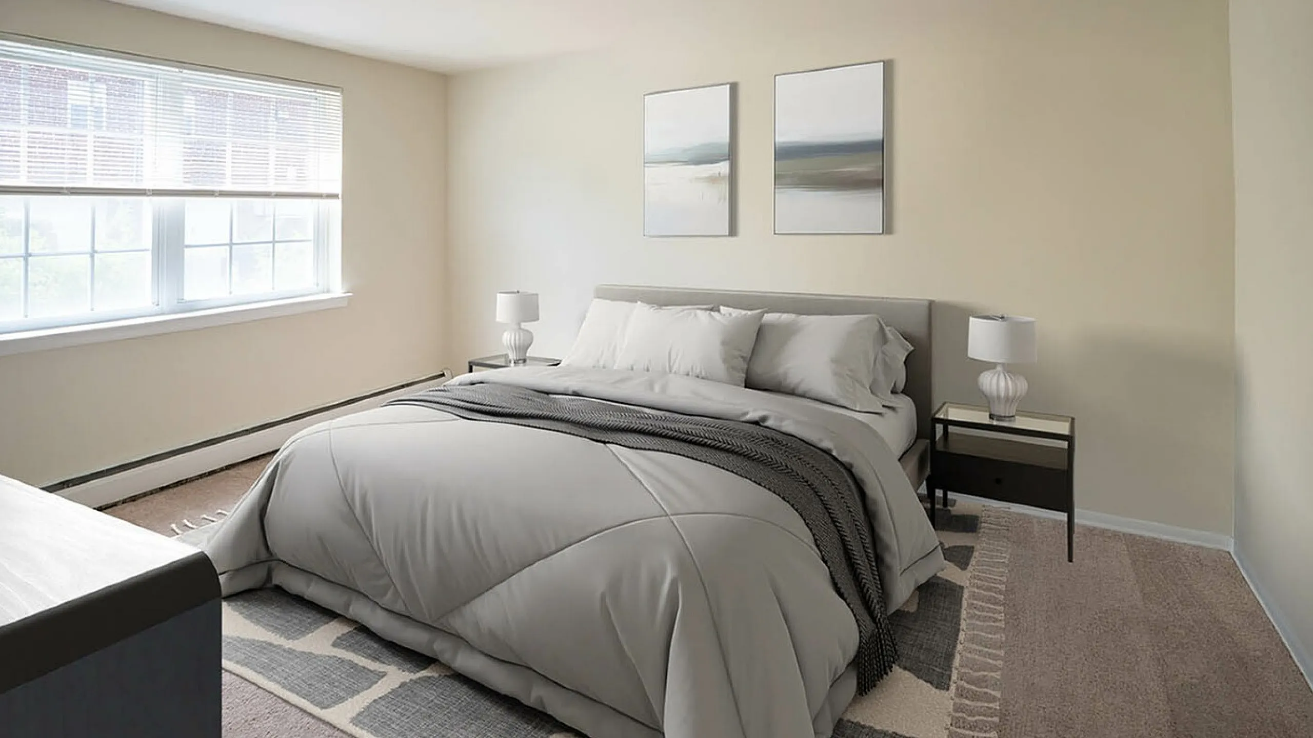 Inviting bedroom with soft gray bedding, elegant decor, and large sunlit window perfect for relaxation.