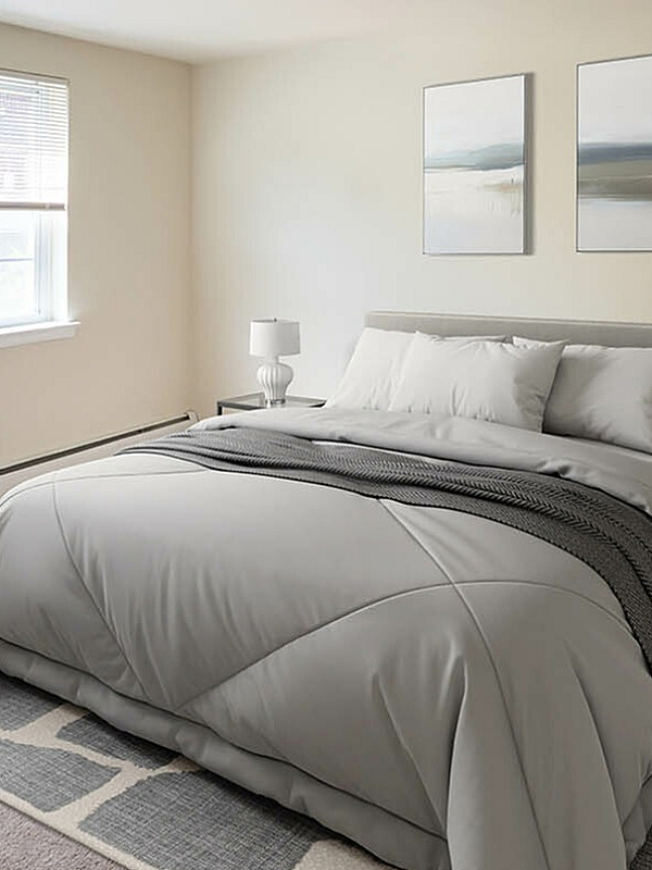 Inviting bedroom with plush bedding, large window for natural light, and elegant decor.