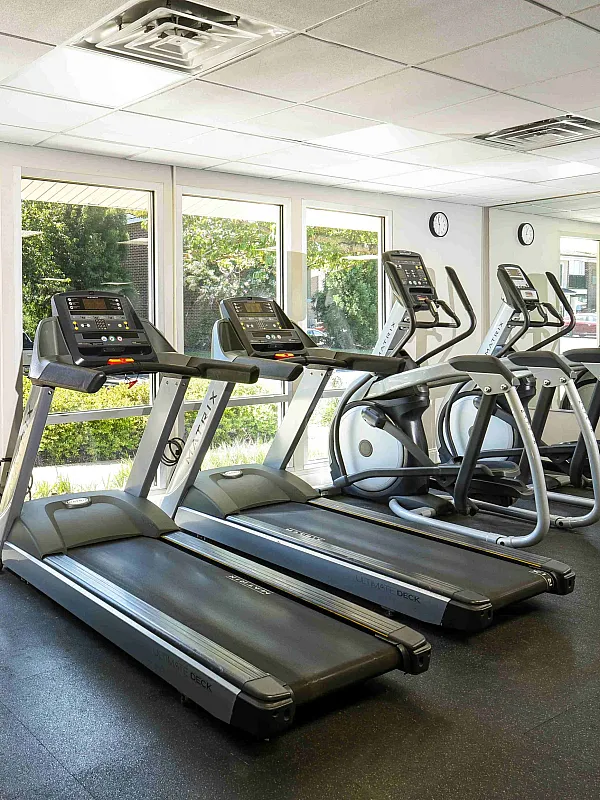 Bright and modern gym featuring state-of-the-art treadmills, exercise bikes, and large windows overlooking lush greenery.