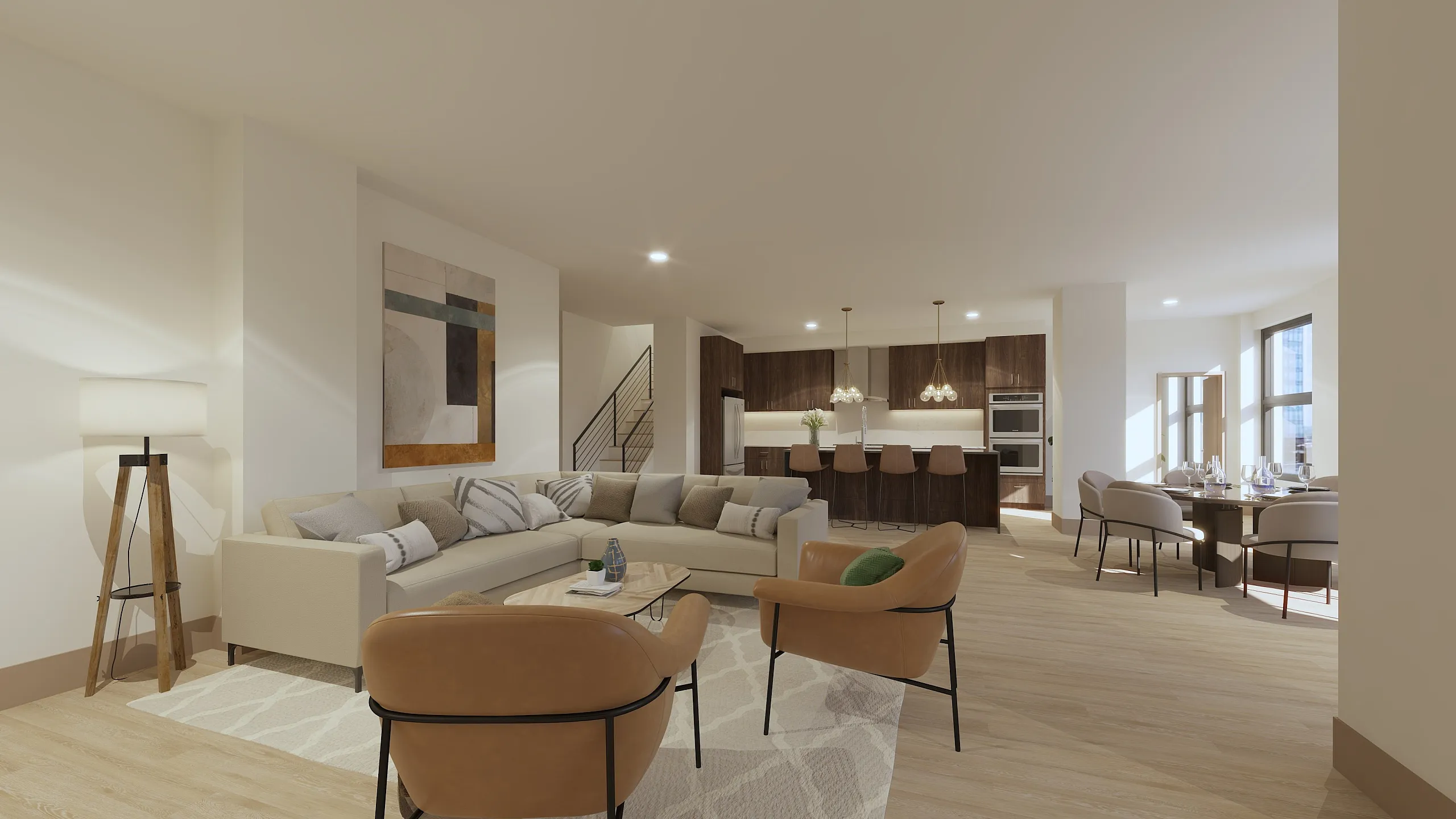 Elegant open-concept living space with a modern kitchen, inviting lounge area, and a stylish dining room with abundant natural light.
