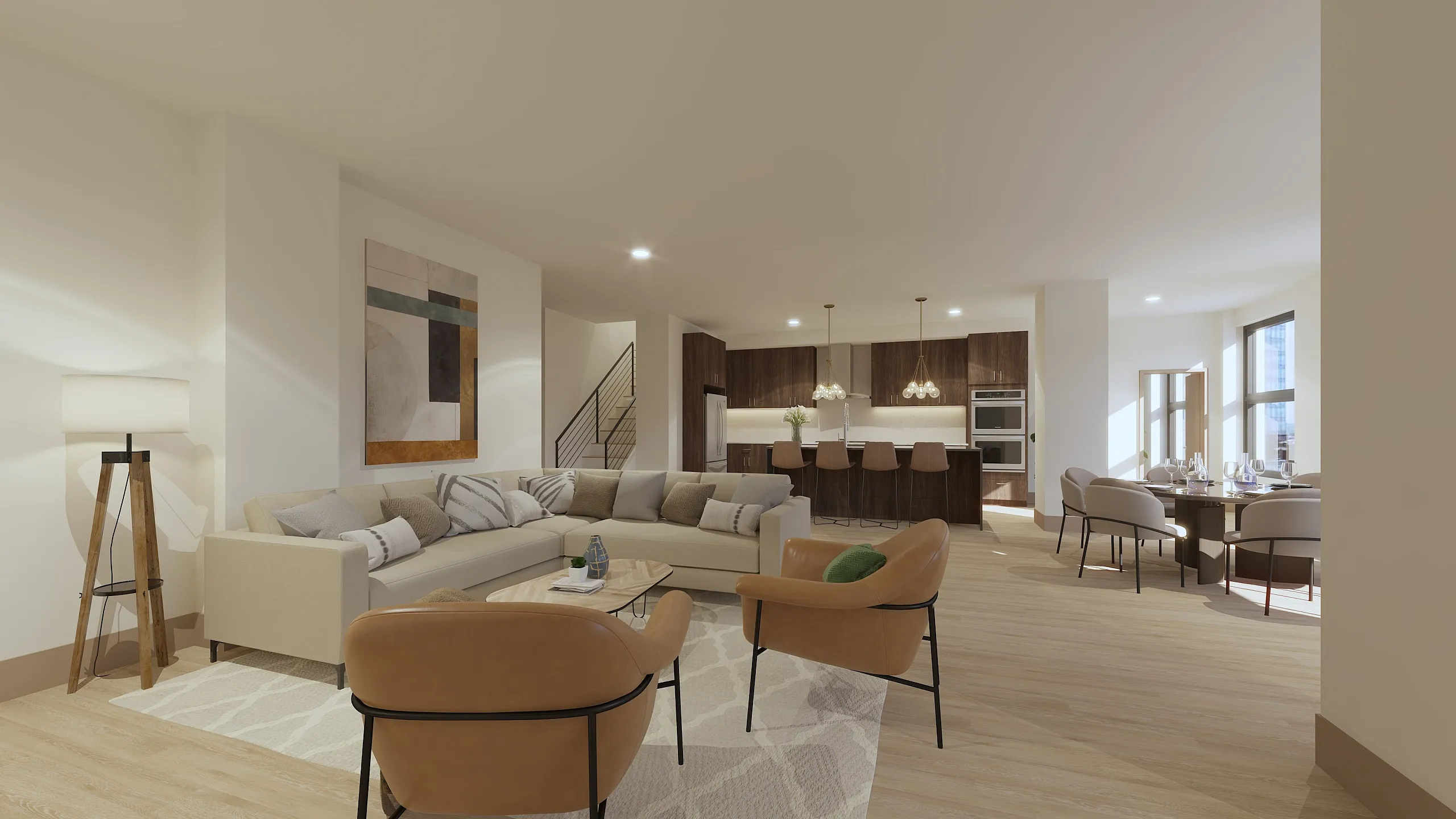 Luxurious open-plan living room and kitchen with modern decor, featuring a cozy sectional sofa, stylish bar seating, and elegant dining area.
