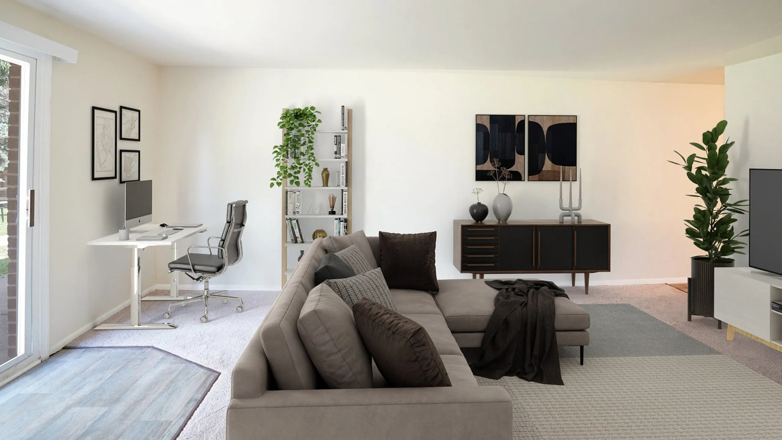 Modern living room with luxurious sectional sofa, stylish work-from-home desk, and elegant decor. Large windows provide ample natural light and scenic views.