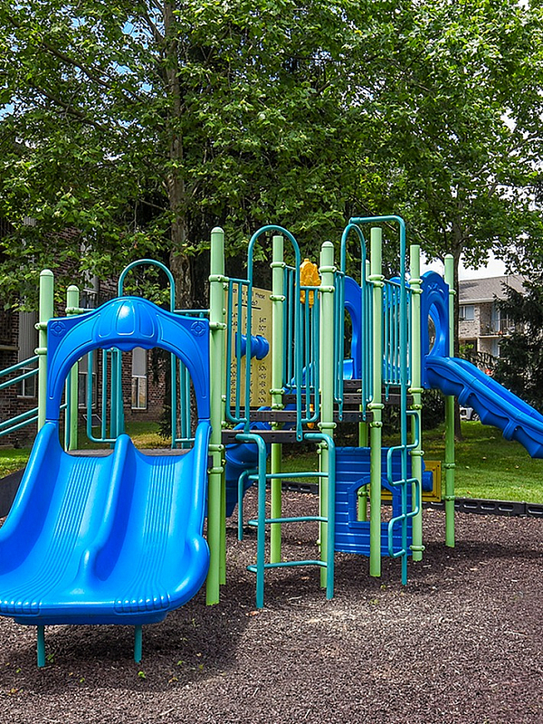 Vibrant community playground featuring blue slides and climbing structures surrounded by lush greenery.