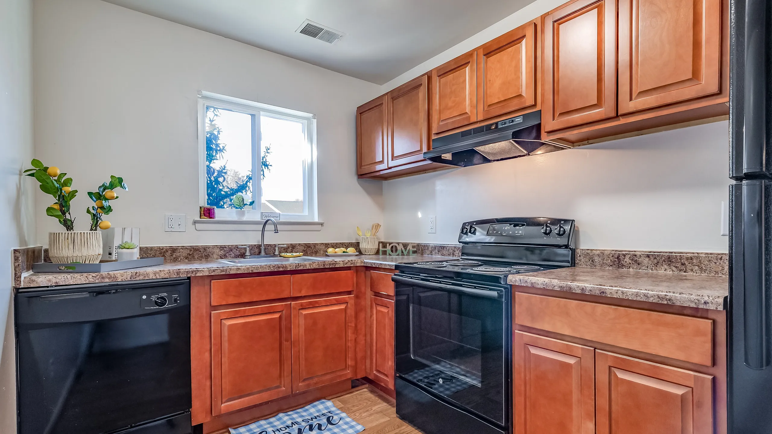 Charming kitchen with warm wooden cabinets, sleek black appliances, and a sunlit window view, perfect for culinary inspiration.