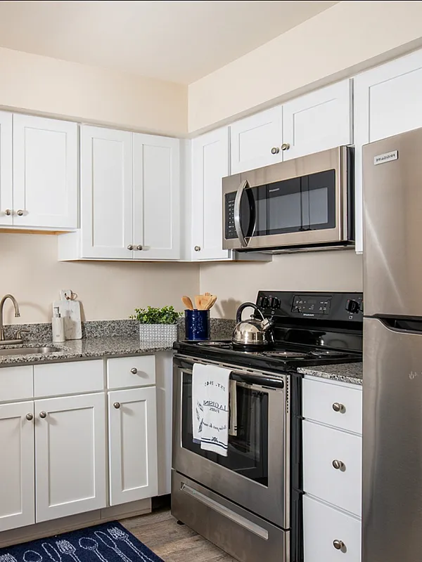 Modern kitchen with sleek white cabinetry, stainless steel appliances, and elegant granite countertops.