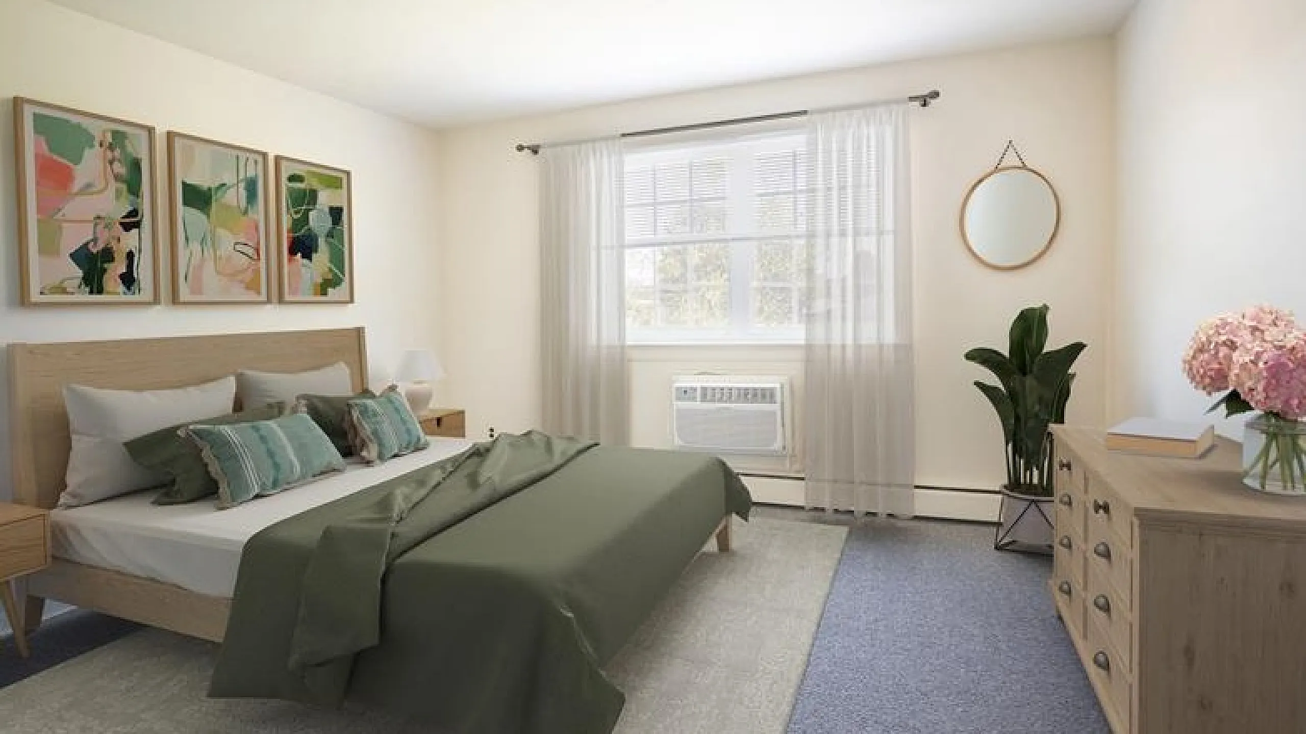 Bright and elegant bedroom with modern decor, featuring a cozy bed with green accents, large window with natural light, and stylish artwork.