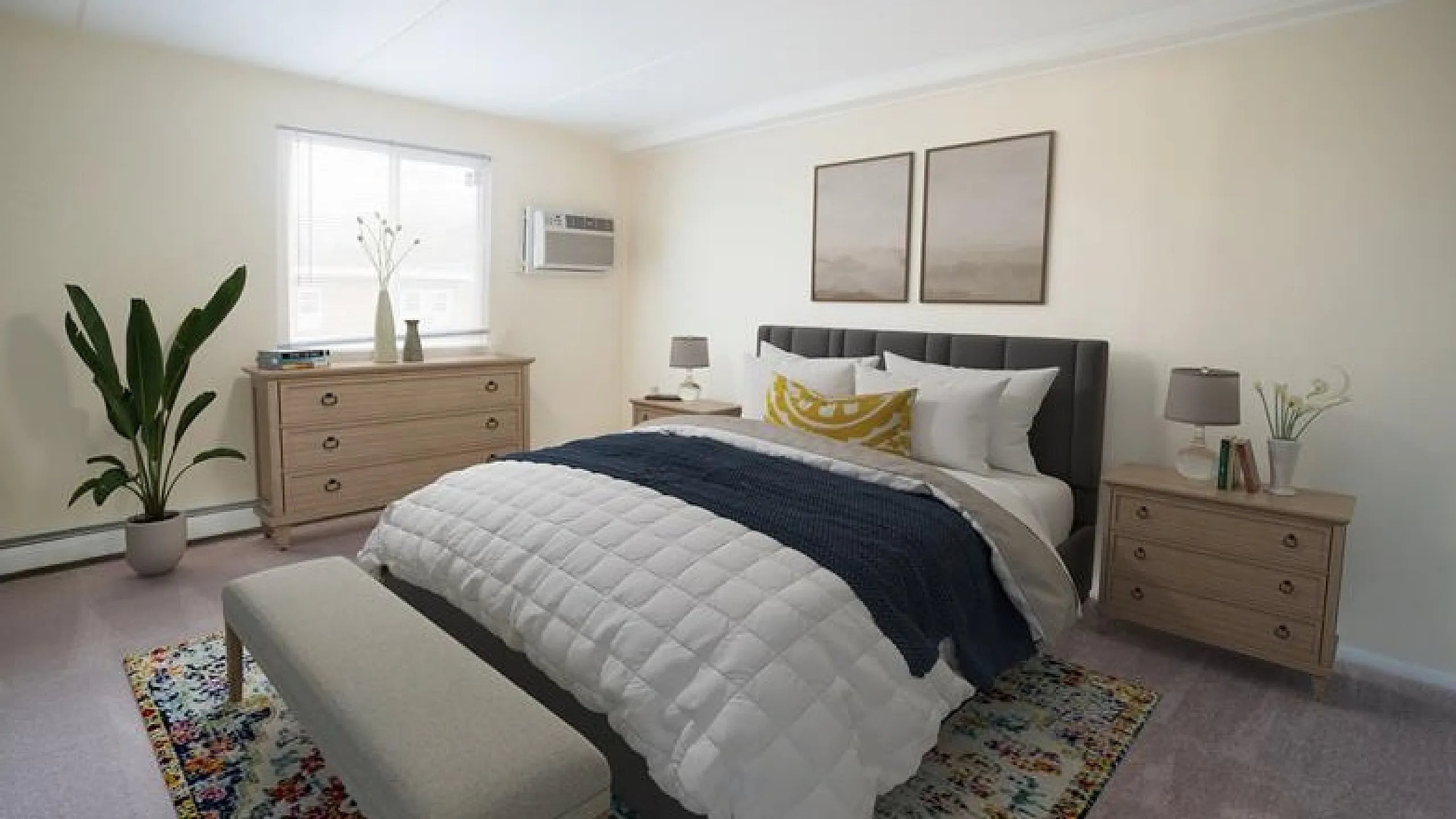 Inviting bedroom with elegant decor, featuring a plush bed, stylish side tables, and natural light from a large window.