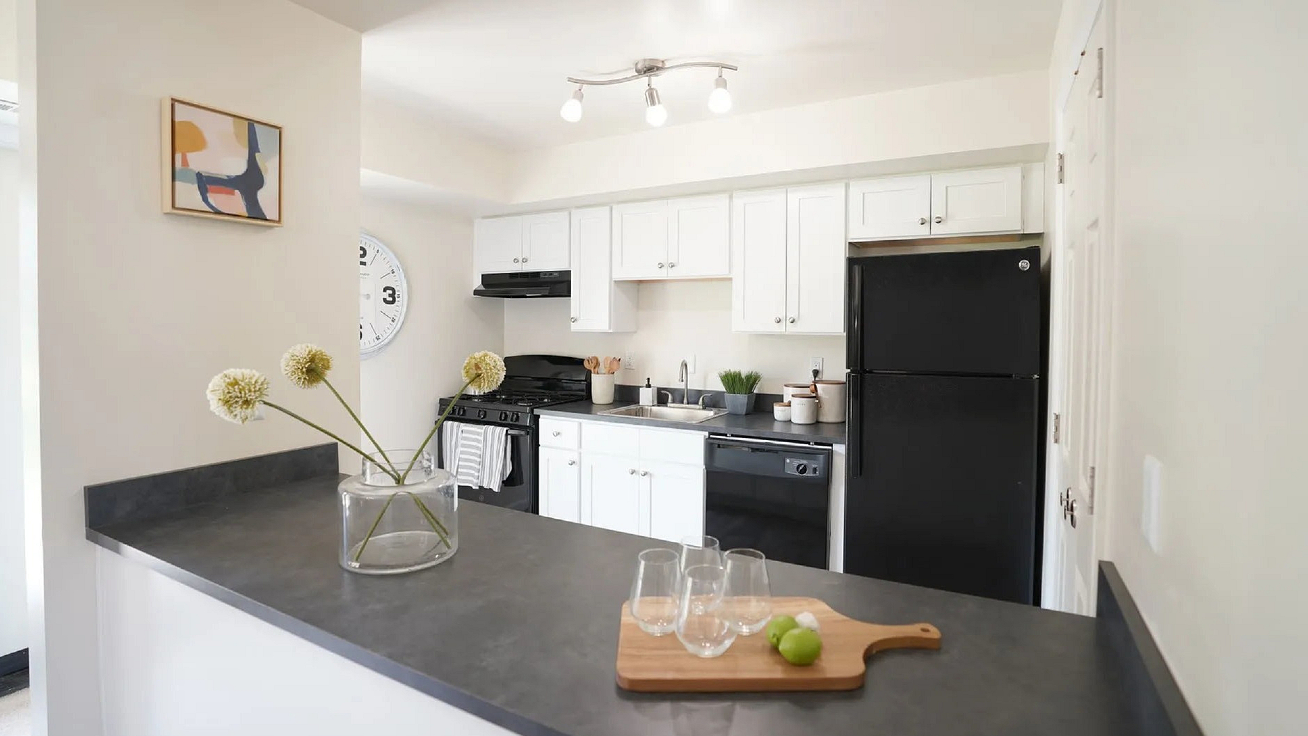Bright, modern kitchen with chic white cabinets, sleek black appliances, and an elegant countertop displaying a stylish decor.