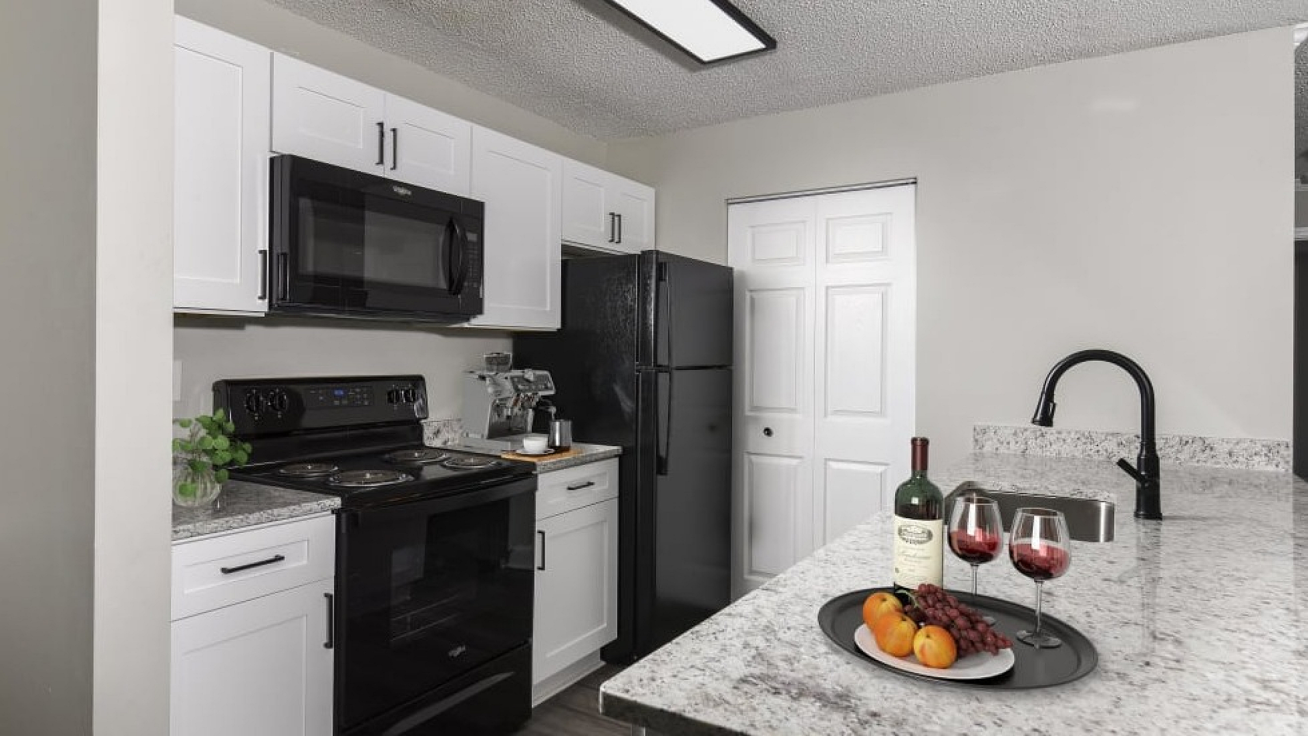 Modern kitchen with sleek granite countertops, elegant white cabinetry, and stylish black appliances, featuring a wine and fruit tray for a touch of sophistication.