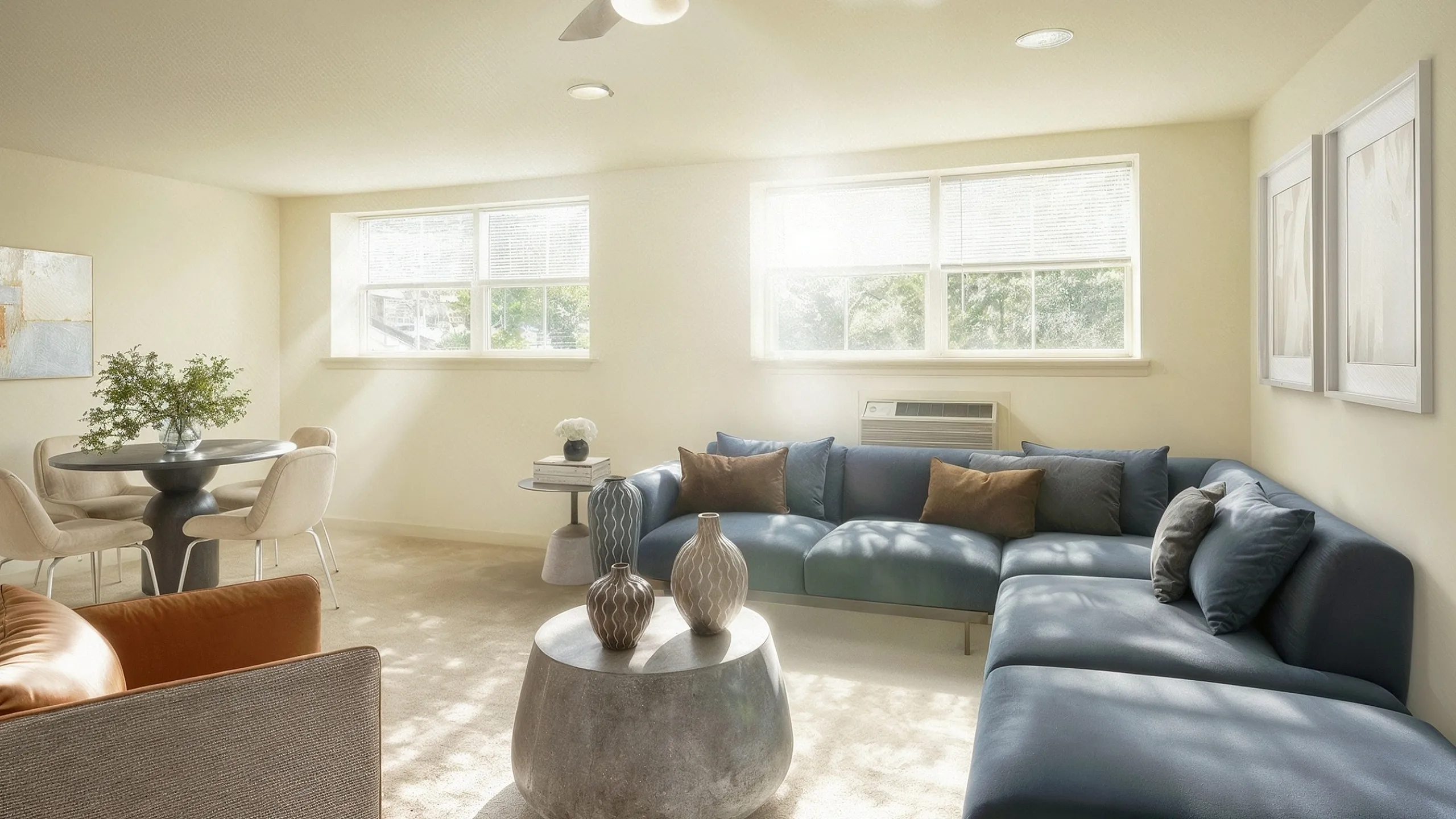 Bright and airy living room with modern sectional sofa, elegant round dining table, and large windows inviting natural light.