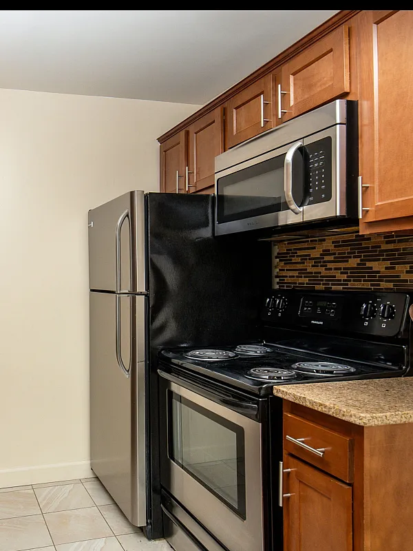 Modern kitchen with sleek stainless steel appliances, rich wooden cabinetry, and elegant granite countertops, offering a stylish cooking space.