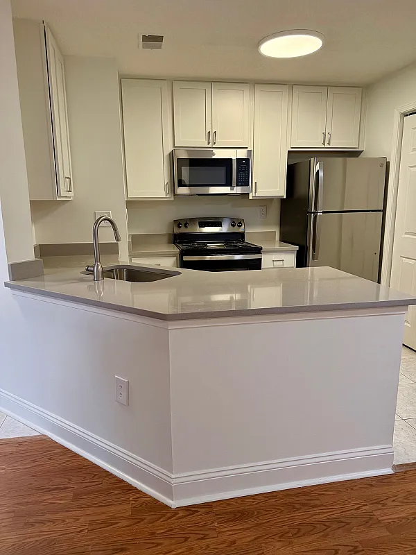Modern kitchen featuring sleek stainless steel appliances, elegant white cabinetry, and a chic countertop with integrated sink, perfect for a stylish home.
