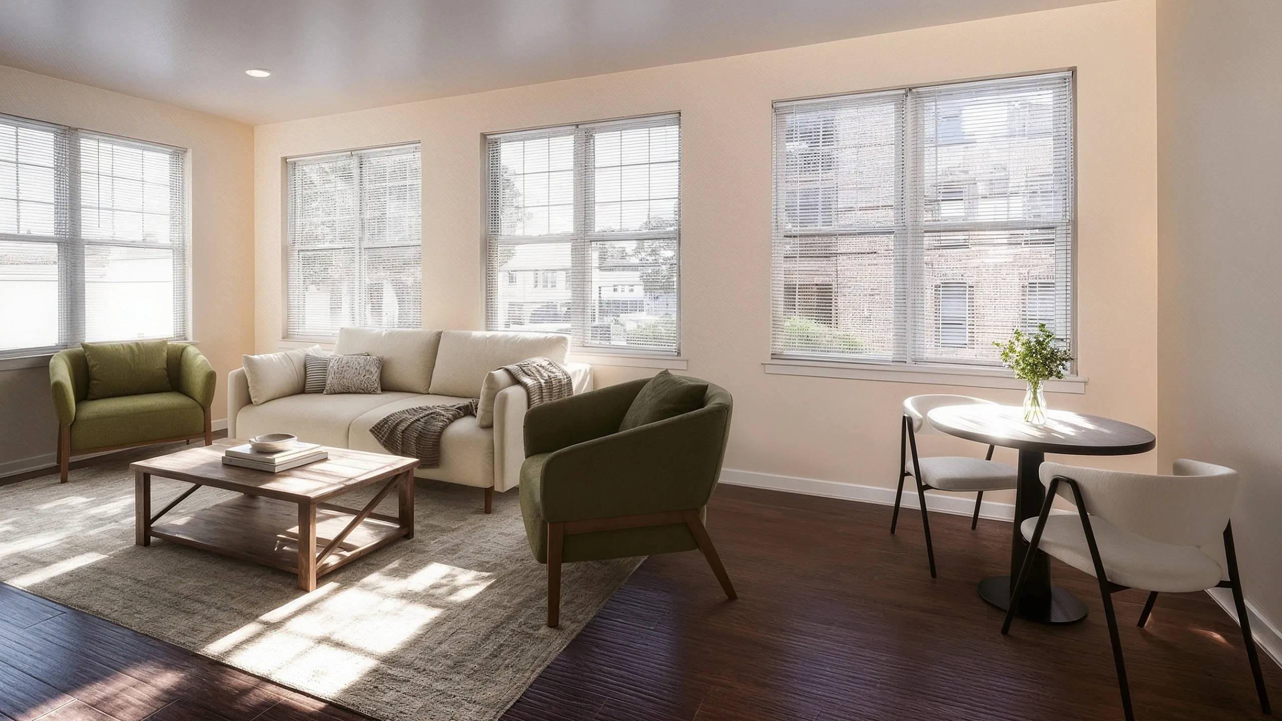 Bright and inviting living room with large windows, modern furniture, and hardwood floors, ideal for relaxation or entertaining.