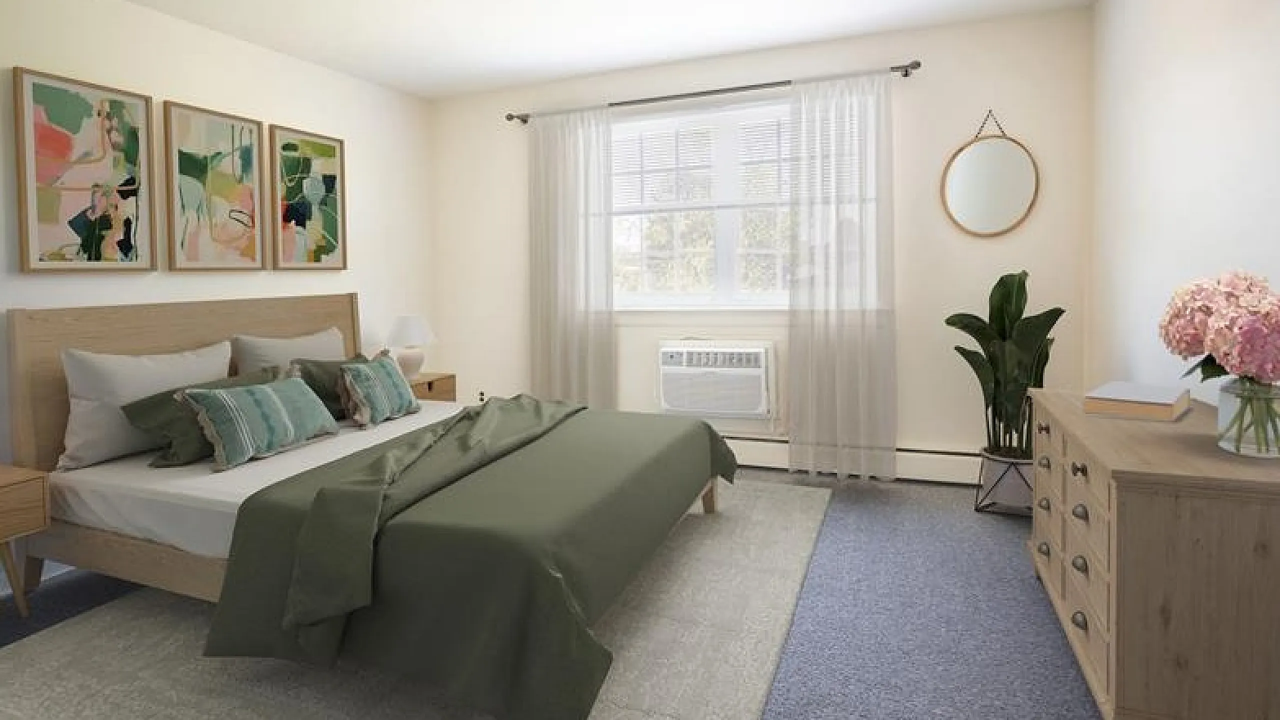 Inviting bedroom with modern decor, featuring a cozy double bed, elegant artwork, and a sunlit window overlooking lush greenery.