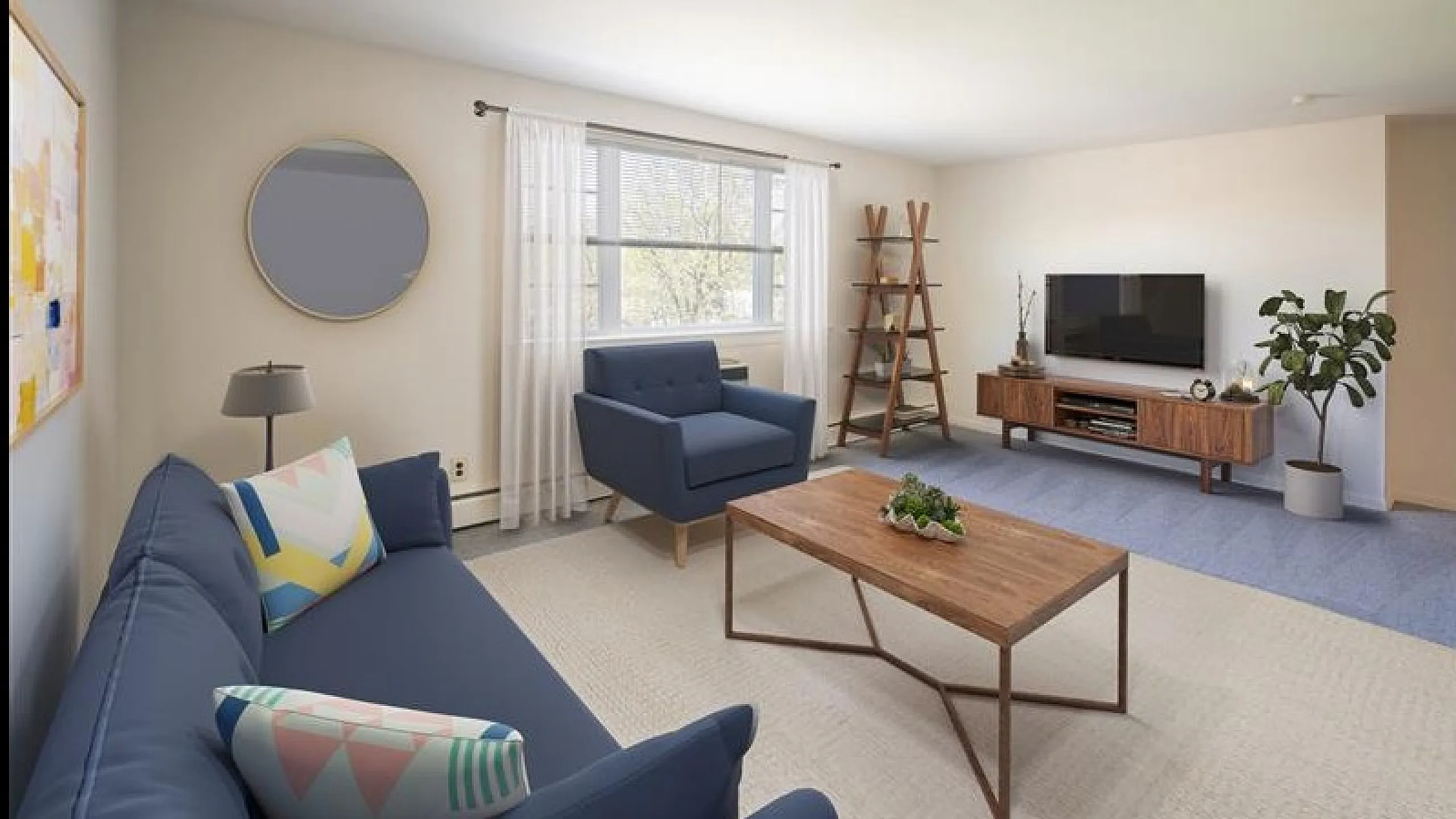 Charming living room with modern blue furniture, sleek wooden coffee table, and entertainment center by a sunlit window.