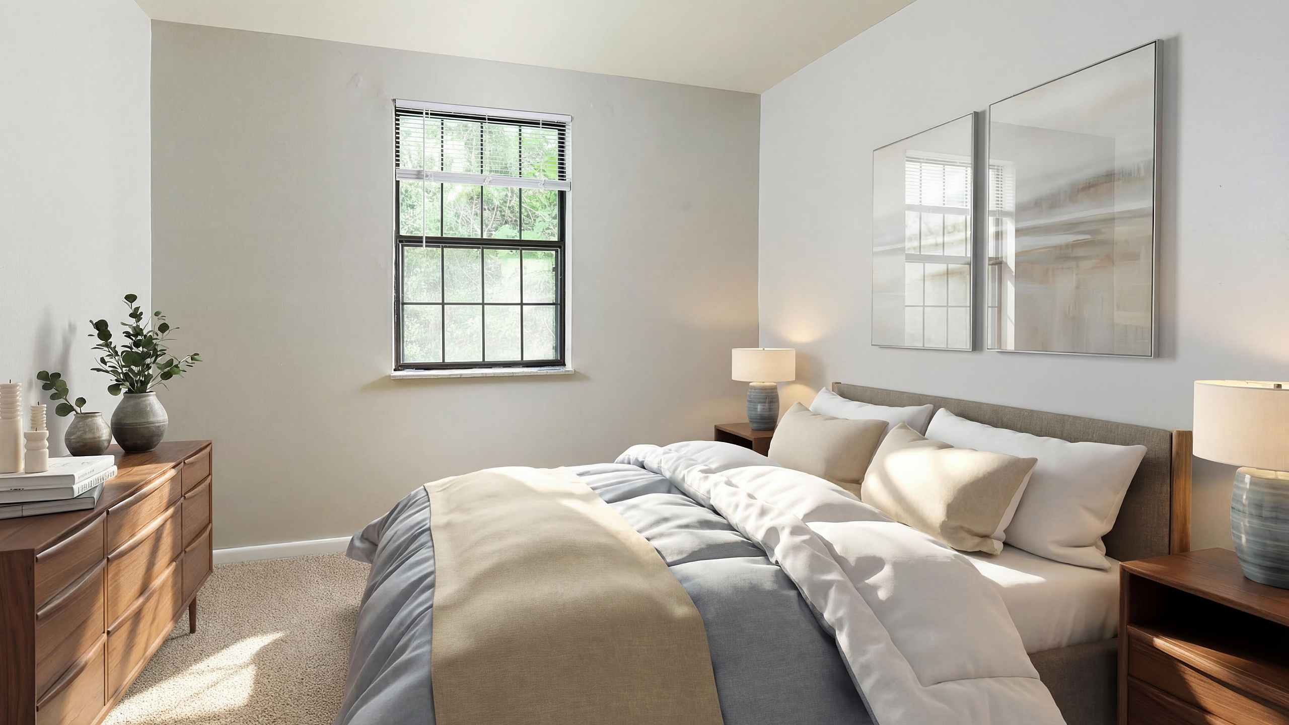 Elegant bedroom with a cozy bed, stylish wooden furniture, and large window inviting natural light.
