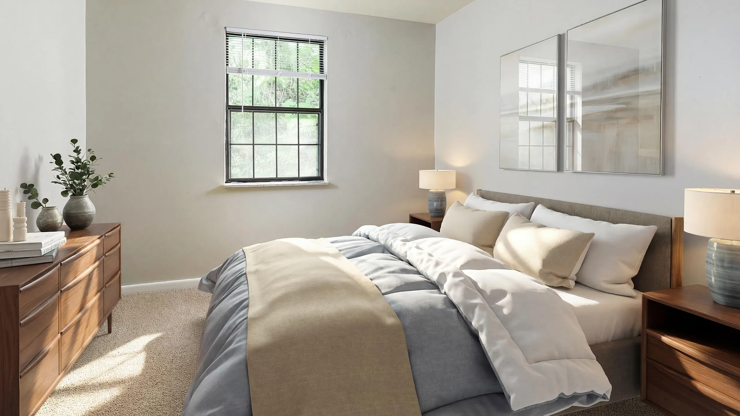 Inviting bedroom featuring a cozy bed with elegant linens, natural light streaming through a large window, and modern accents.