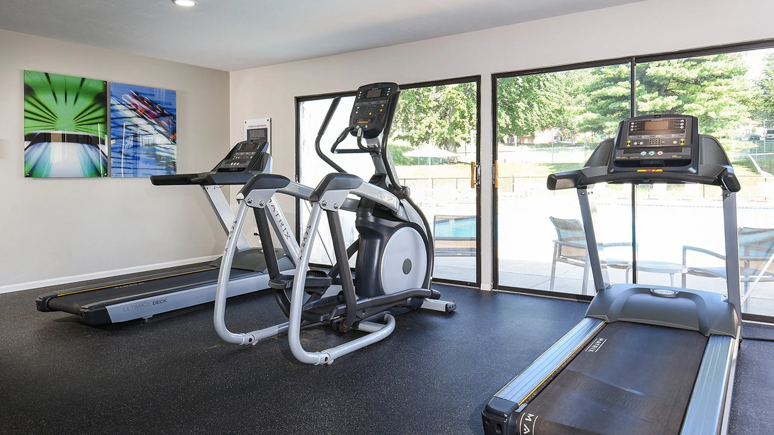 Modern fitness center with cardio equipment, bright and spacious with large windows and artistic wall decor.