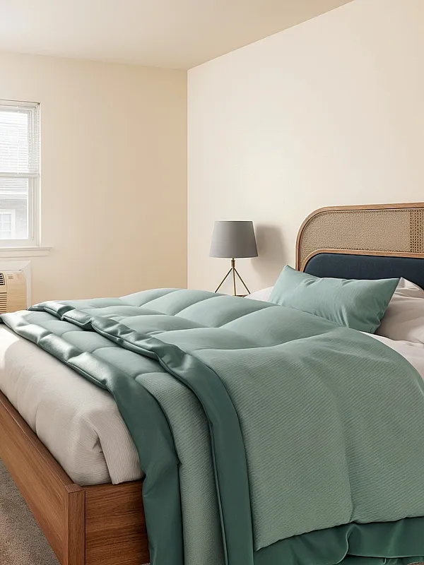 Inviting bedroom featuring a cozy bed with teal bedding, a modern armchair, stylish artwork, and ample natural light.