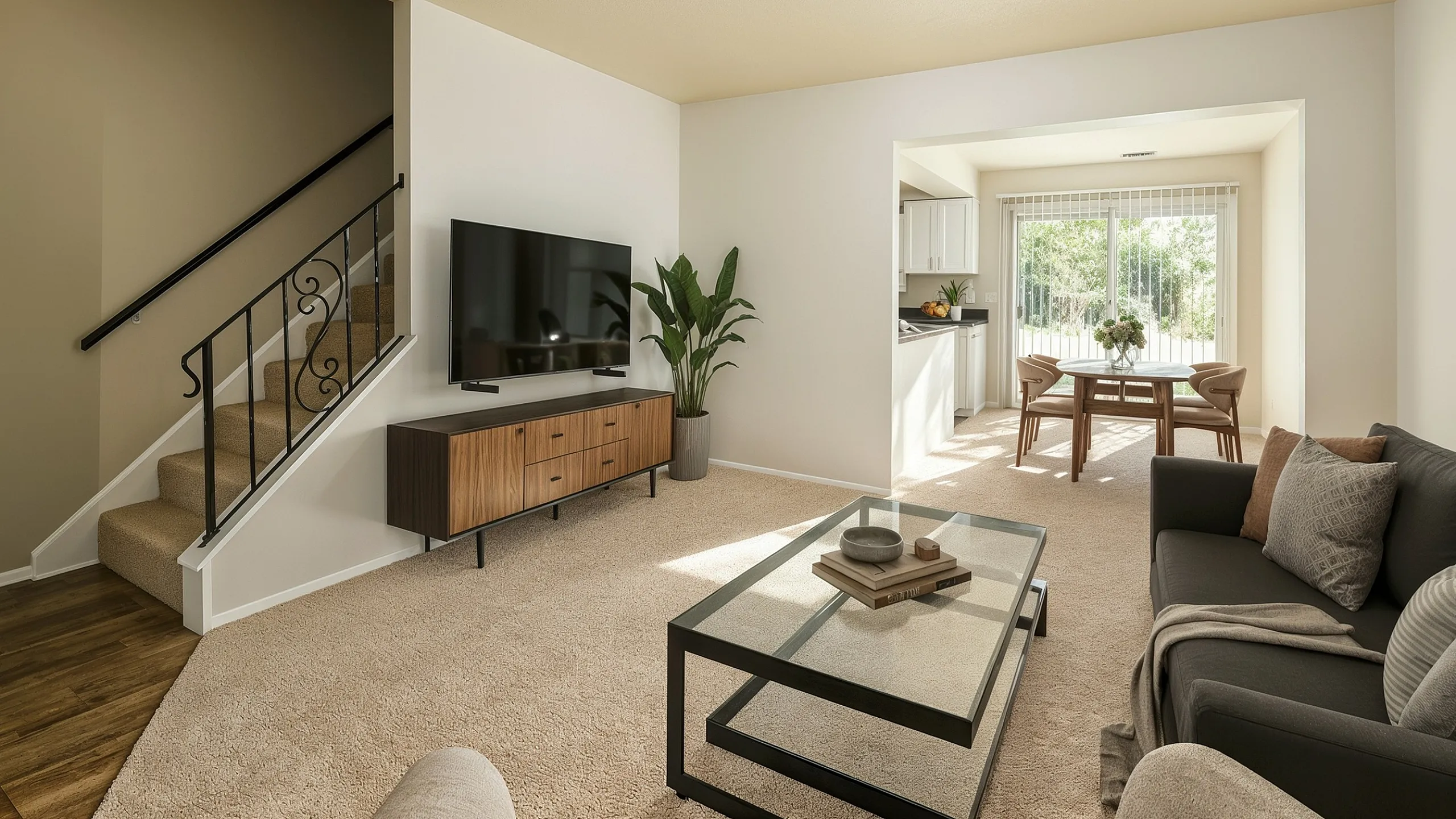 Inviting living room with modern decor, featuring a cozy sofa, sleek coffee table, and flat-screen TV, seamlessly flowing into a bright dining area with garden views.