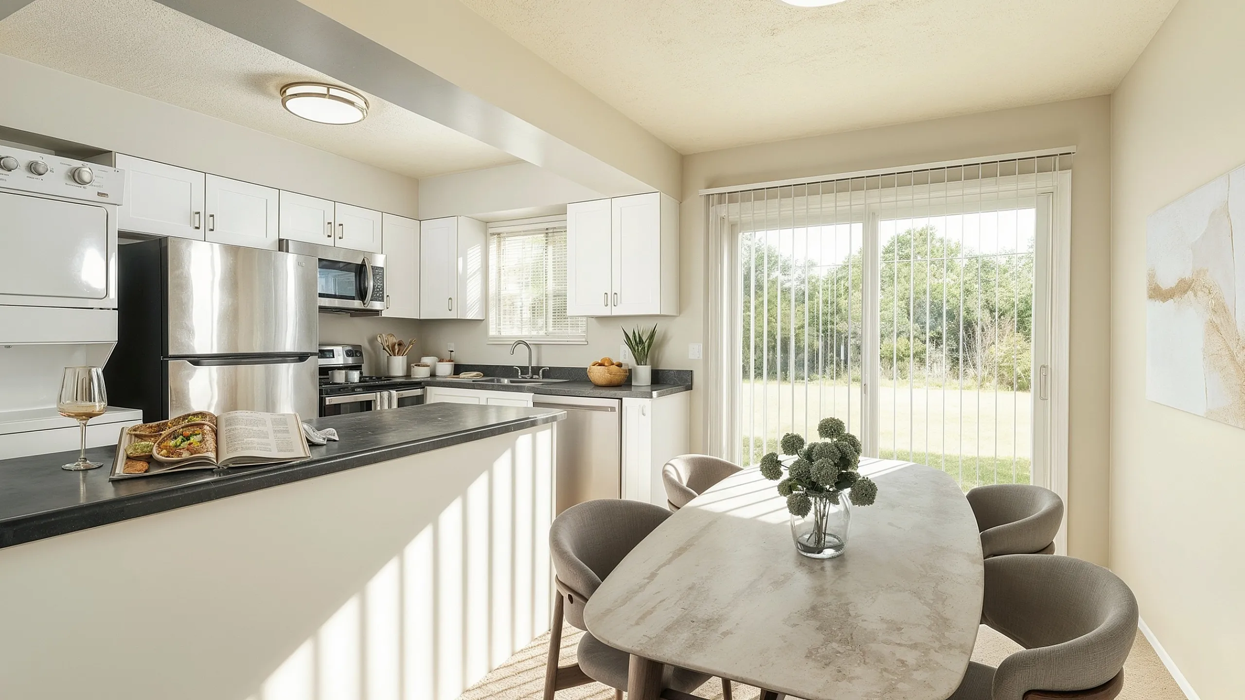 Bright and modern kitchen with stainless steel appliances, elegant dining area, and garden views through large sliding glass doors.