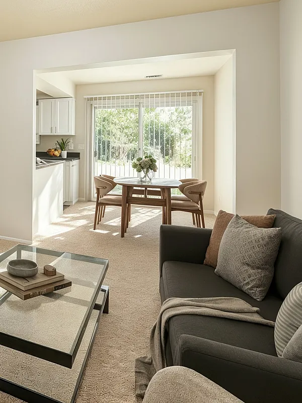 Bright and inviting living room featuring a stylish staircase, modern TV setup, and open layout leading to a cozy dining area with a view of the lush outdoors.
