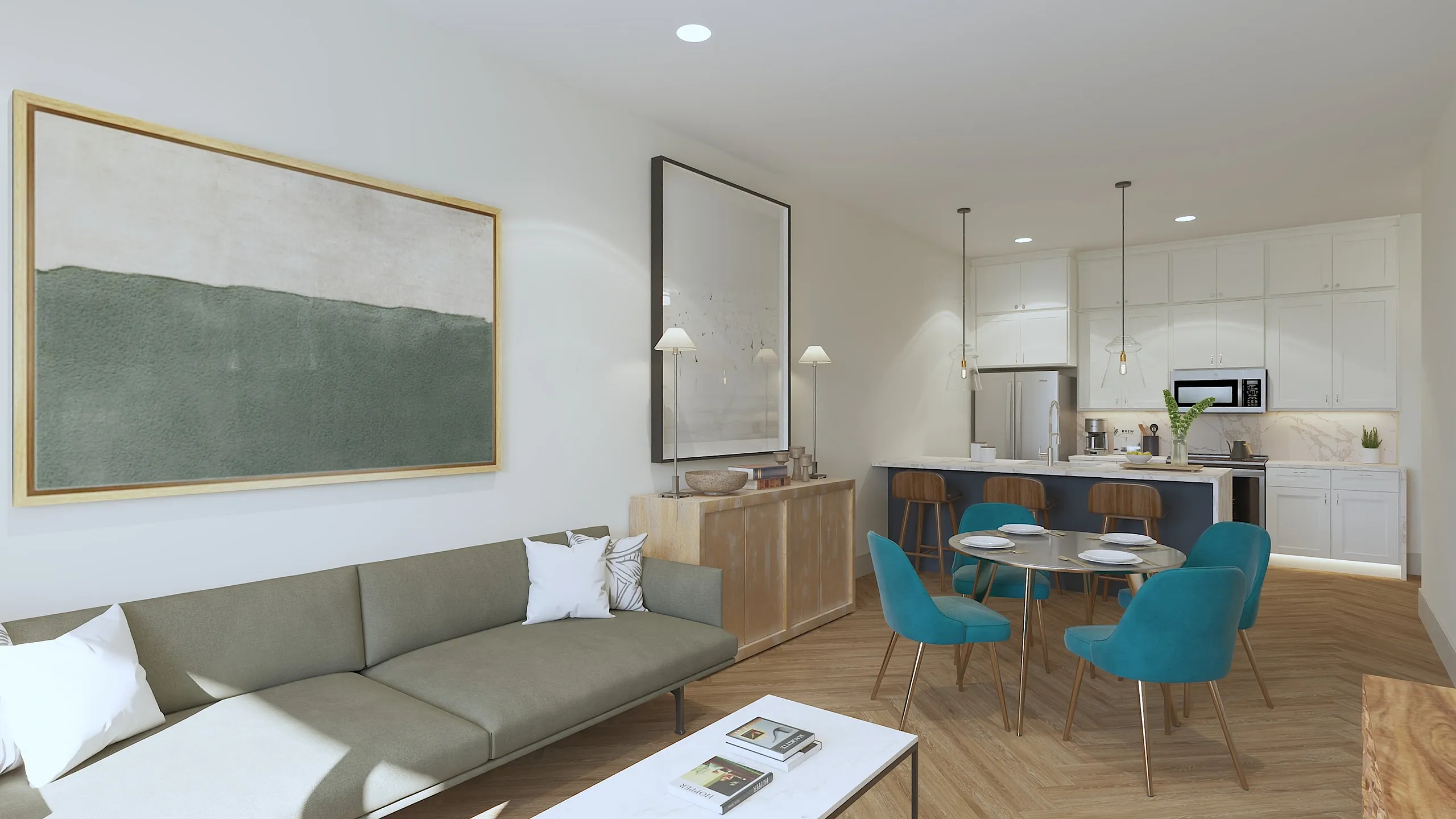 Elegant open-concept living area featuring a modern kitchen, stylish dining space with teal chairs, and a cozy seating area with contemporary art.