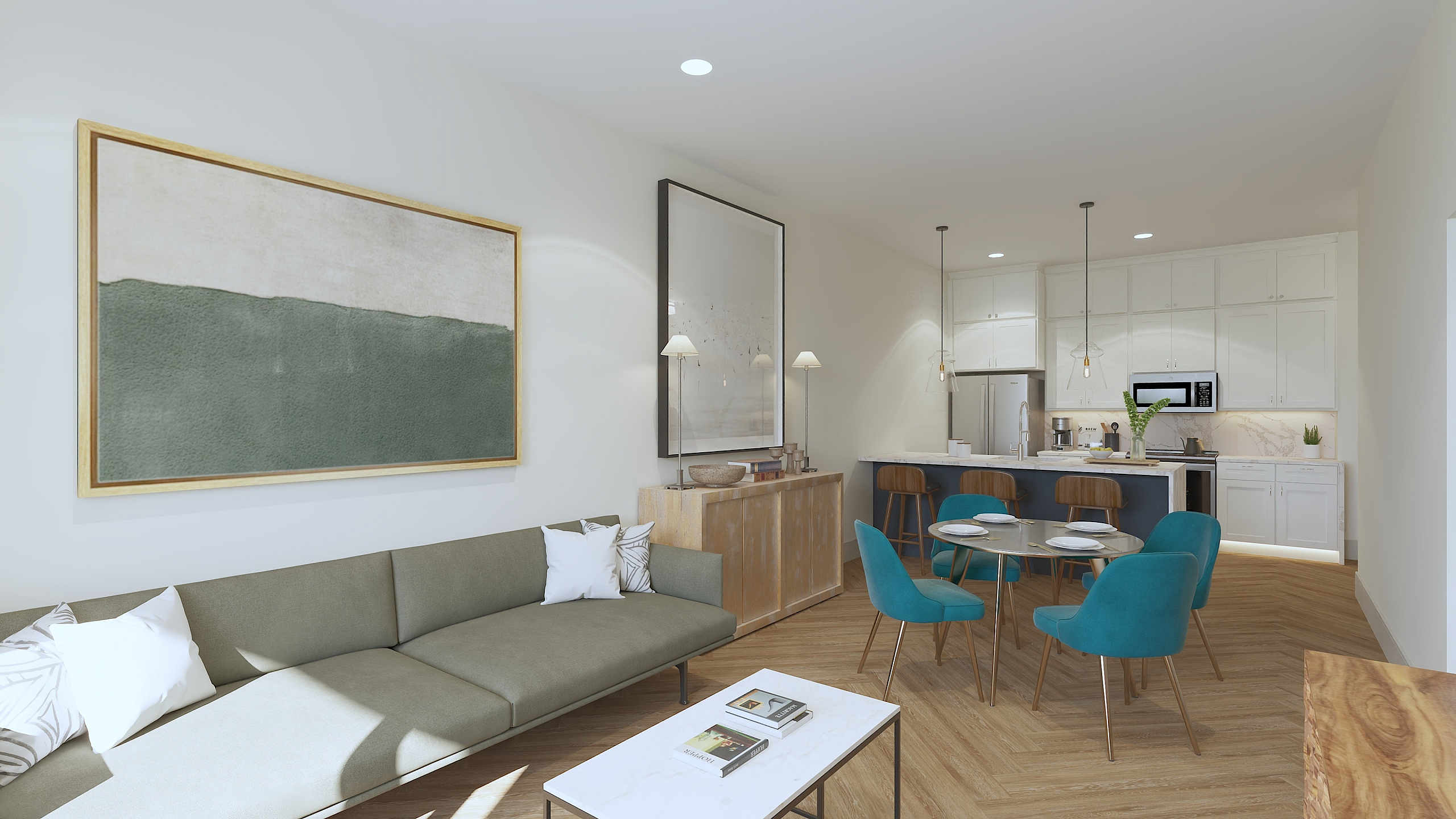 Modern open-concept living room and kitchen featuring elegant teal dining chairs, cozy gray sofa, and sleek marble accents.
