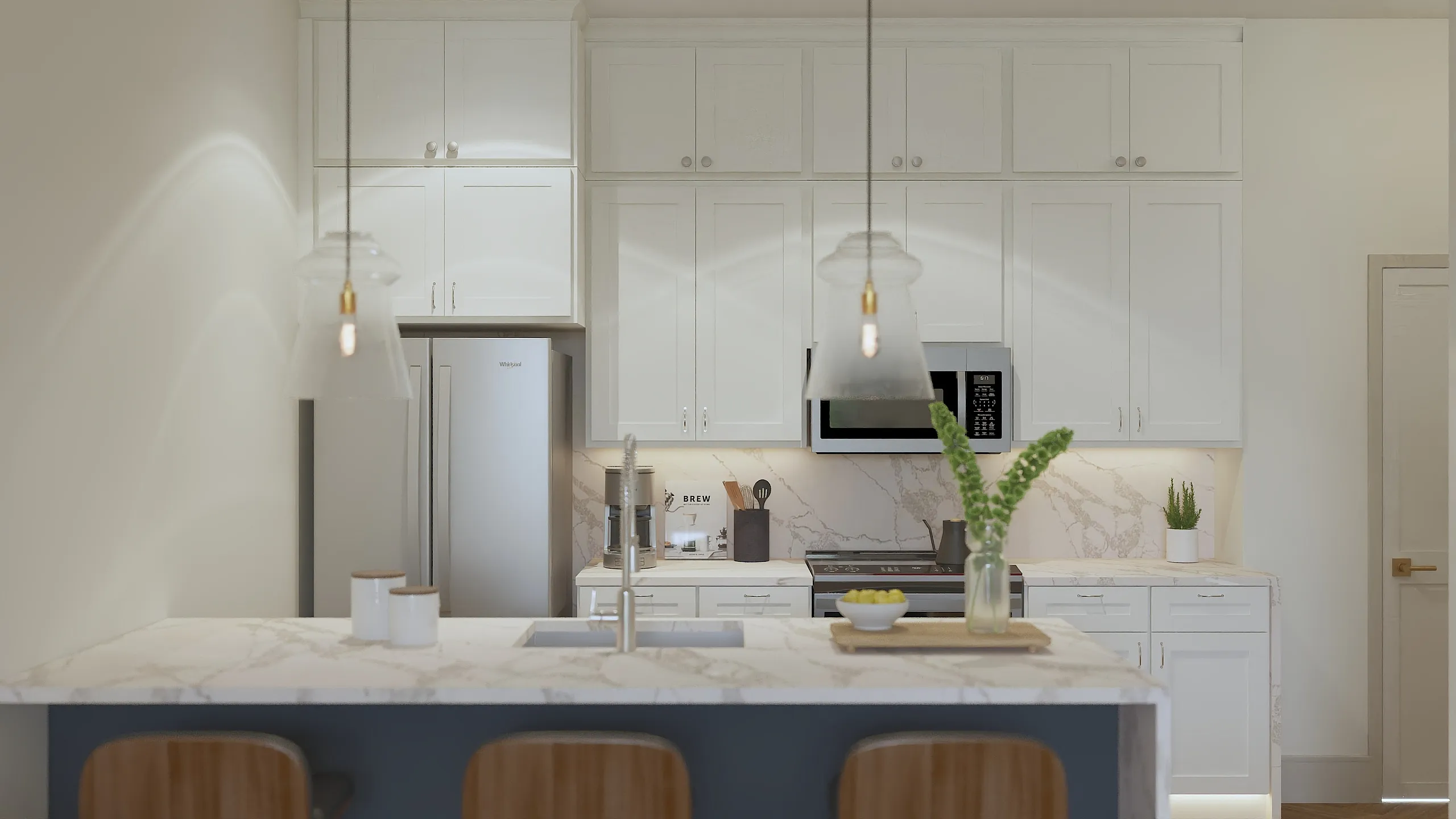 Elegant modern kitchen with white cabinets, marble countertops, and stylish pendant lighting creating a bright and welcoming atmosphere.