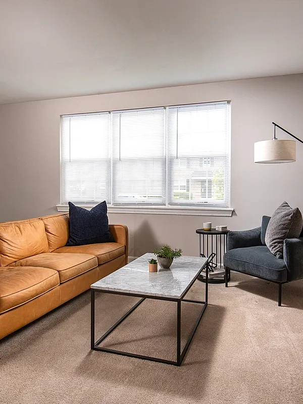 Inviting living room with a chic leather sofa, stylish armchair, and sleek modern decor, filled with natural light from large windows.