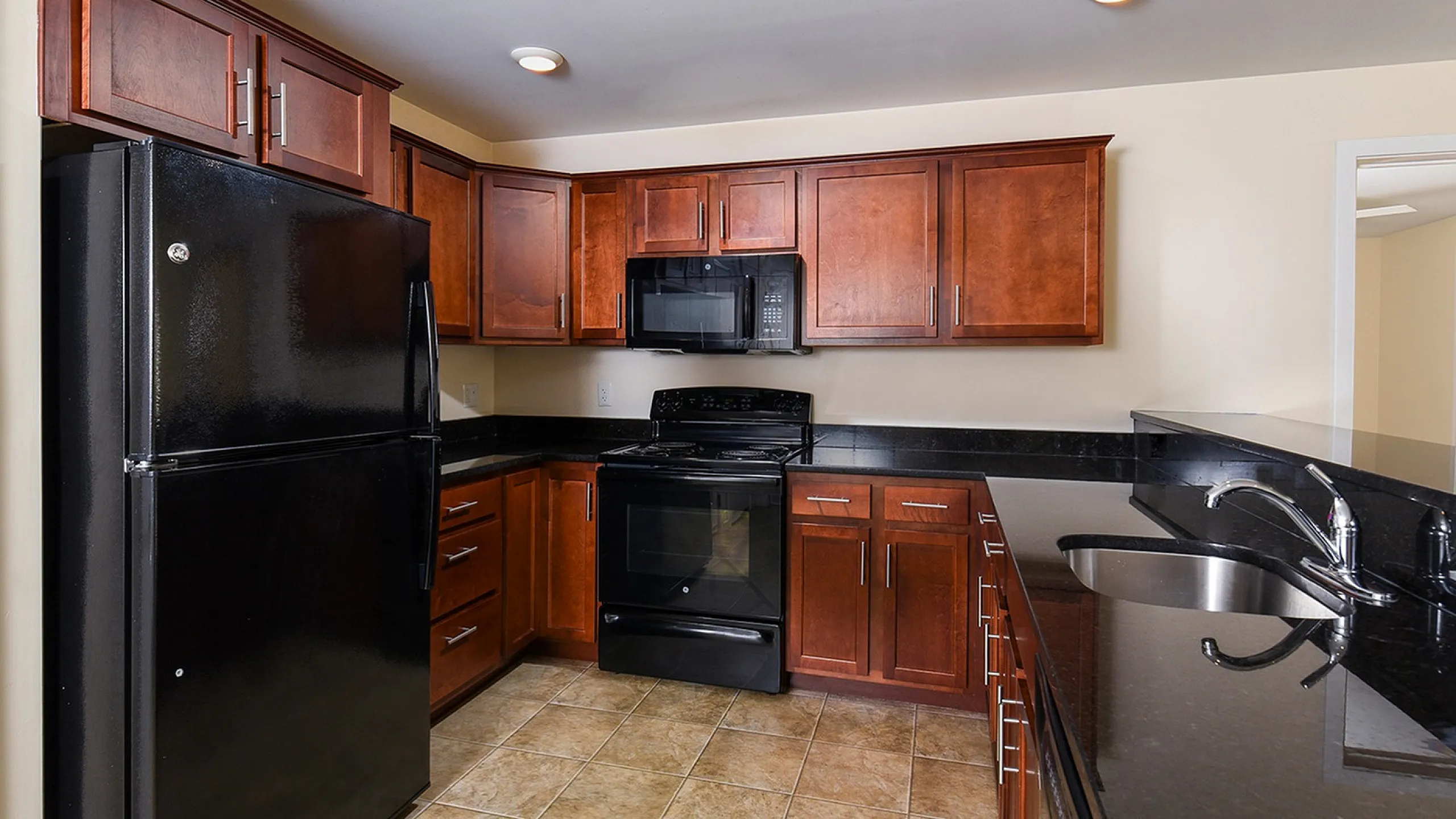 Modern kitchen with elegant dark wood cabinets, glossy countertops, and sleek black appliances creating a contemporary feel.
