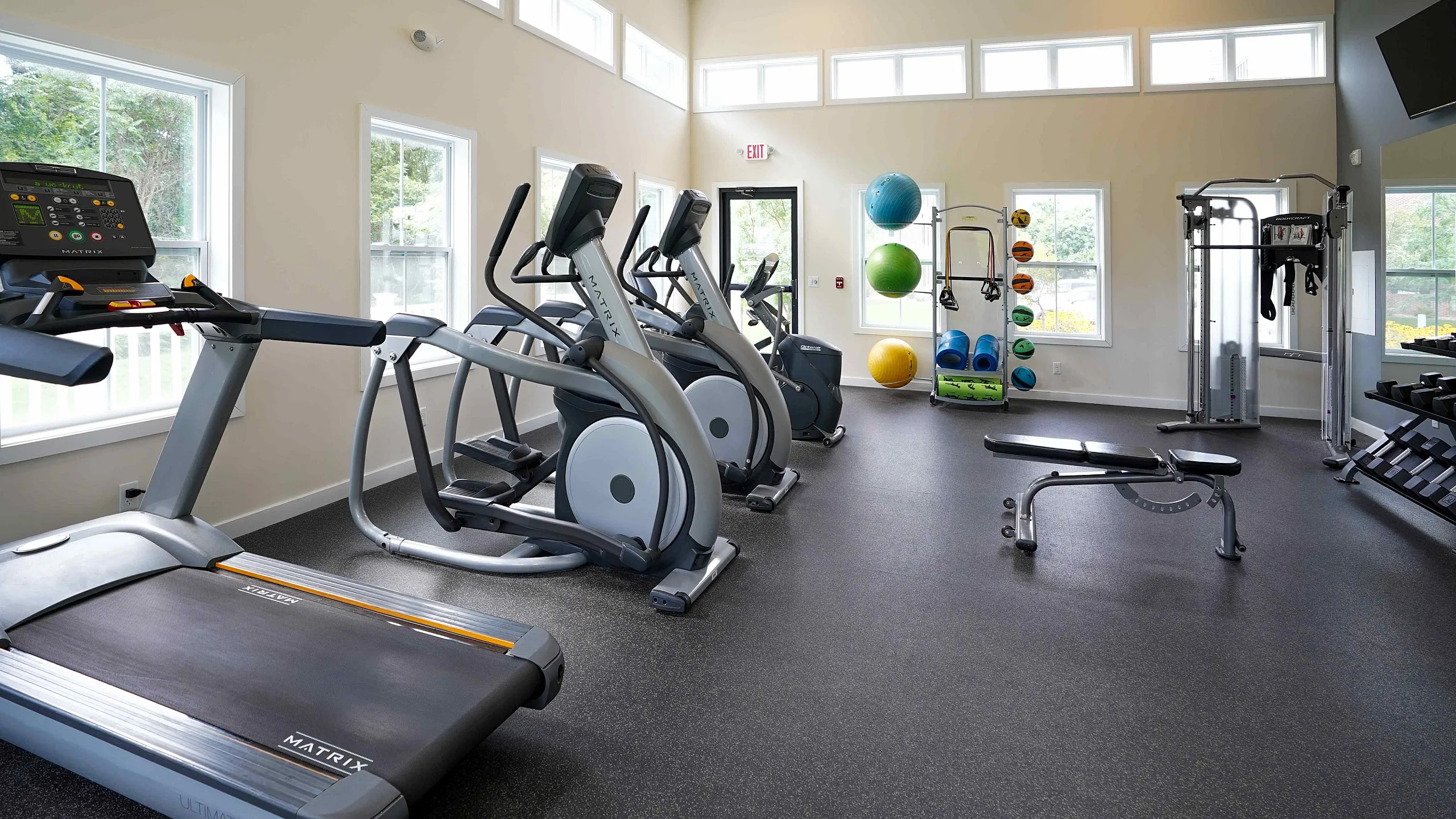 Bright and modern fitness center with treadmills, elliptical machines, and a vibrant array of exercise equipment.