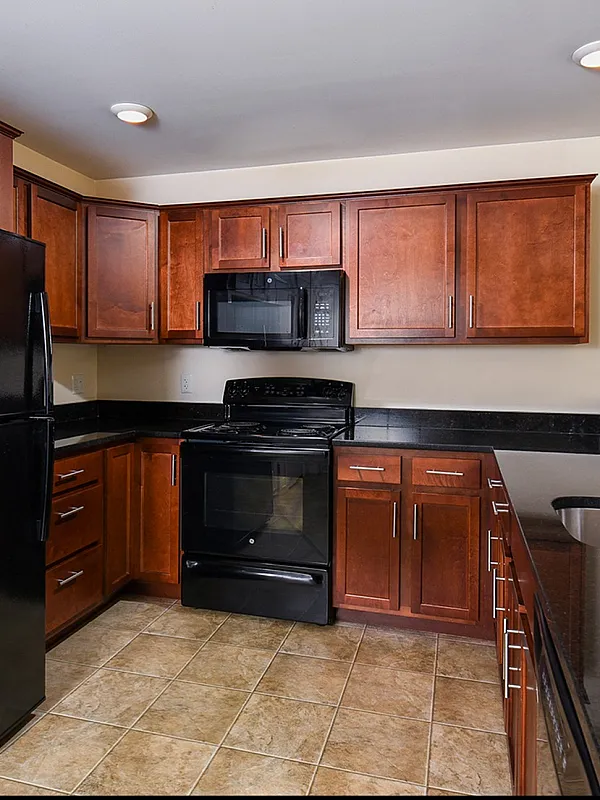 Modern kitchen with sleek black appliances, elegant dark wood cabinets, and polished stone countertops.
