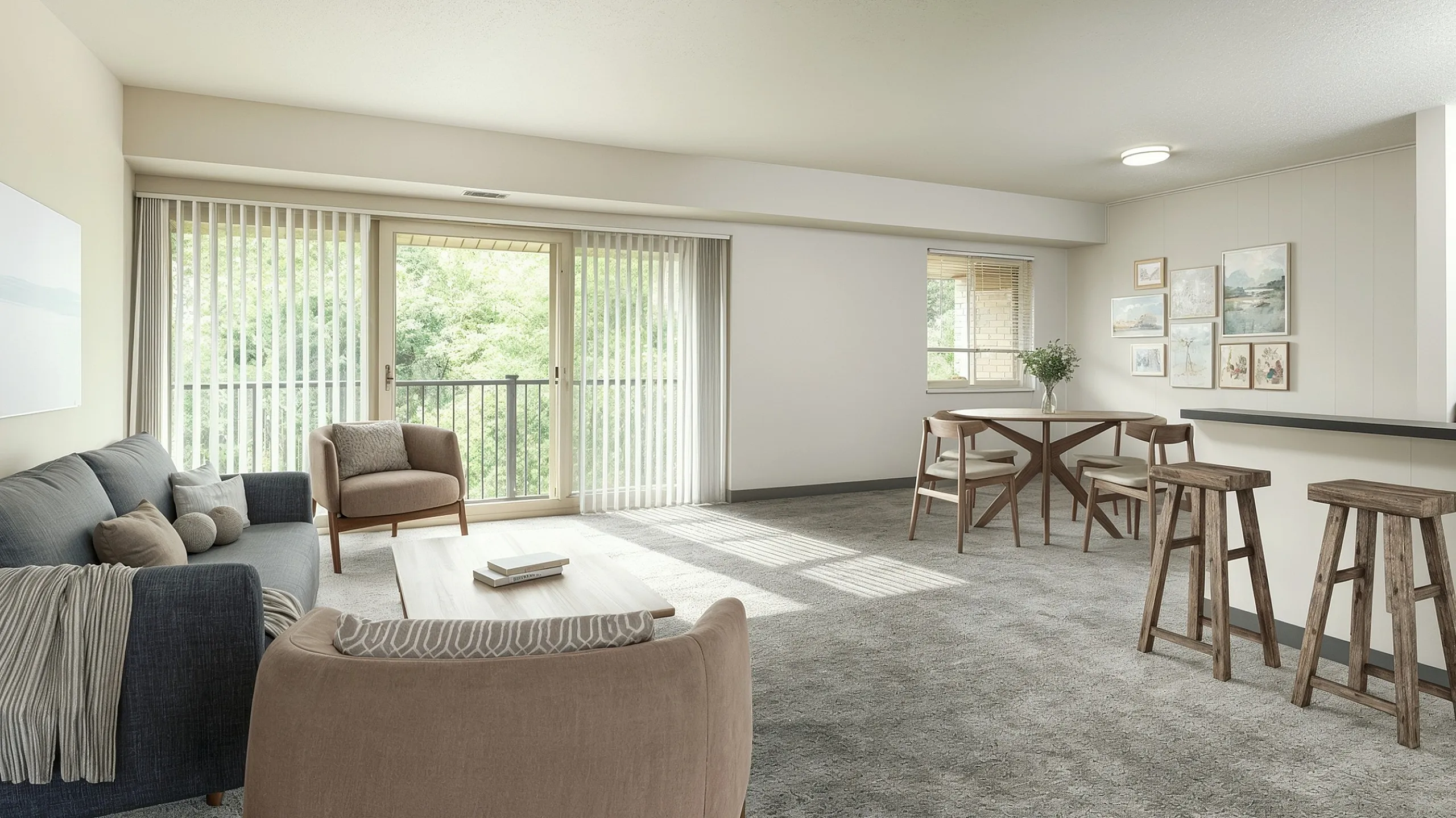Sunlit apartment living area with modern furnishings, featuring a cozy grey sofa, elegant dining set, and expansive windows with scenic views.