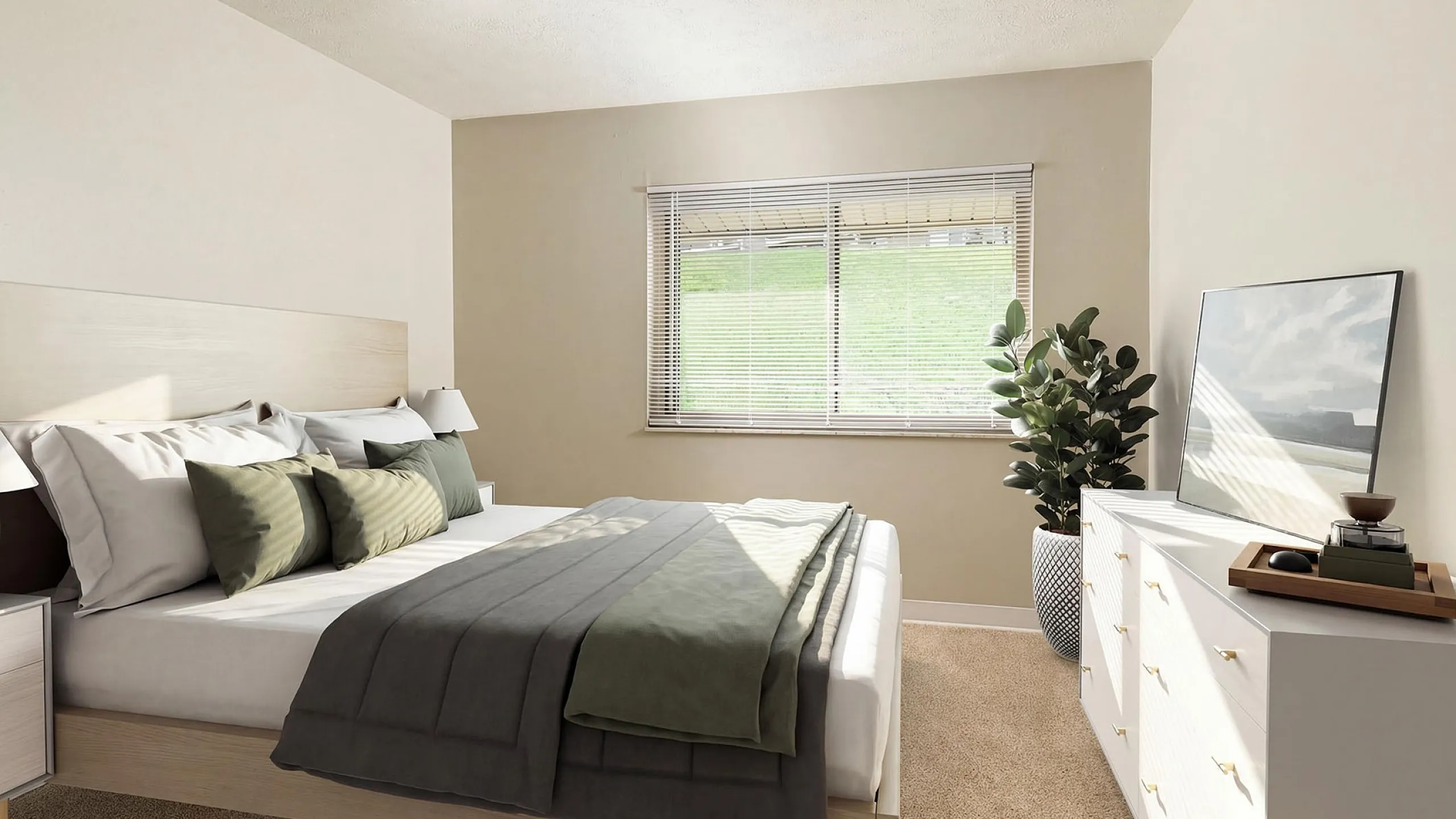 Inviting bedroom with a large window, modern decor, and a plush bed adorned with stylish pillows, perfect for relaxation.