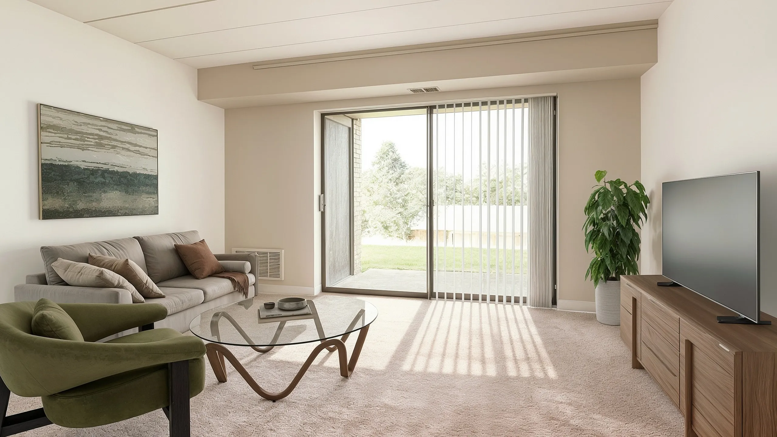 Inviting living room with plush beige carpet, stylish gray sofa, modern green accent chair, elegant glass coffee table, and natural light streaming through sliding glass doors.