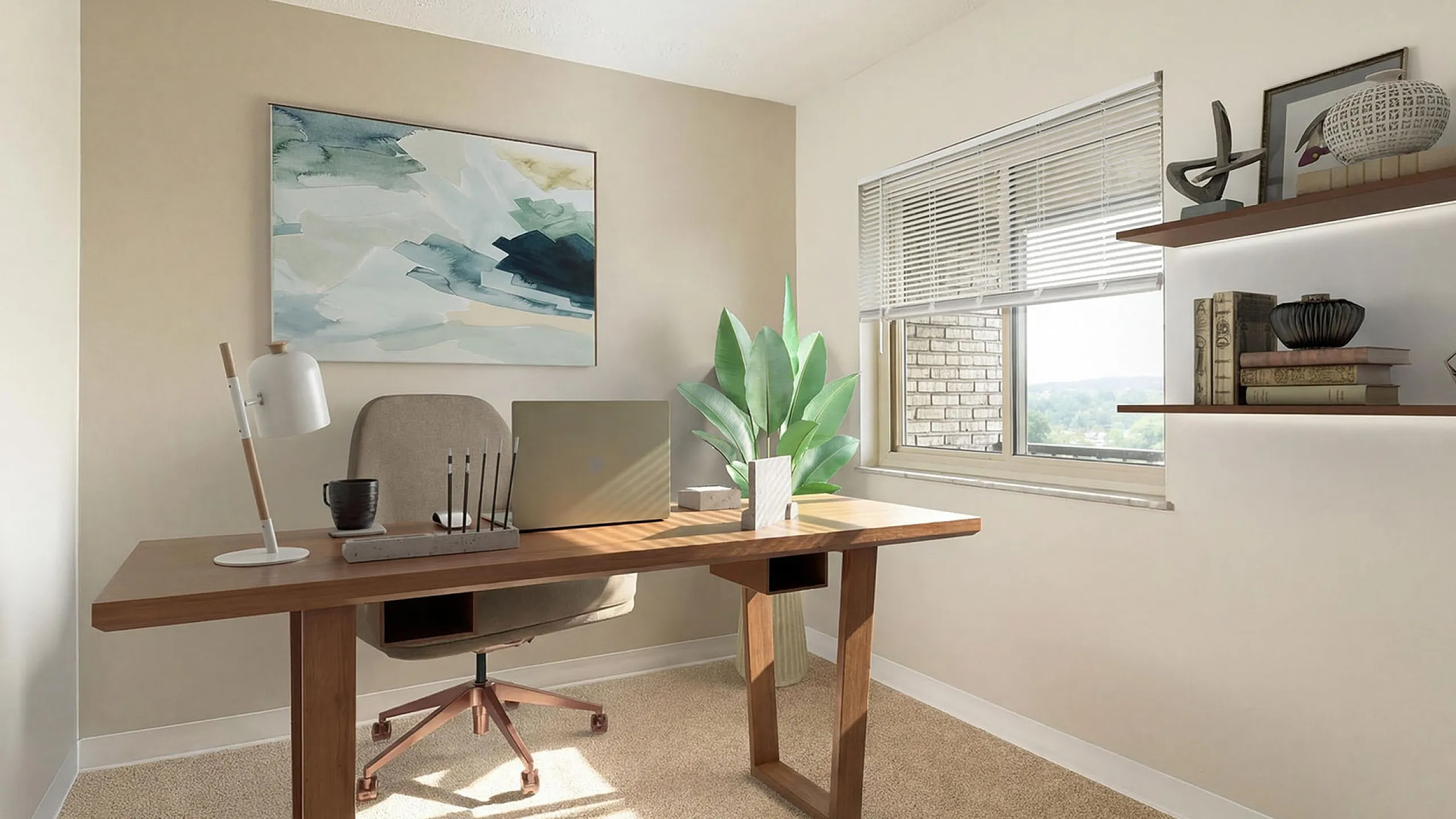 Bright and modern home office with a sleek wooden desk, comfortable swivel chair, and stylish decor, featuring a large window that fills the room with natural light.