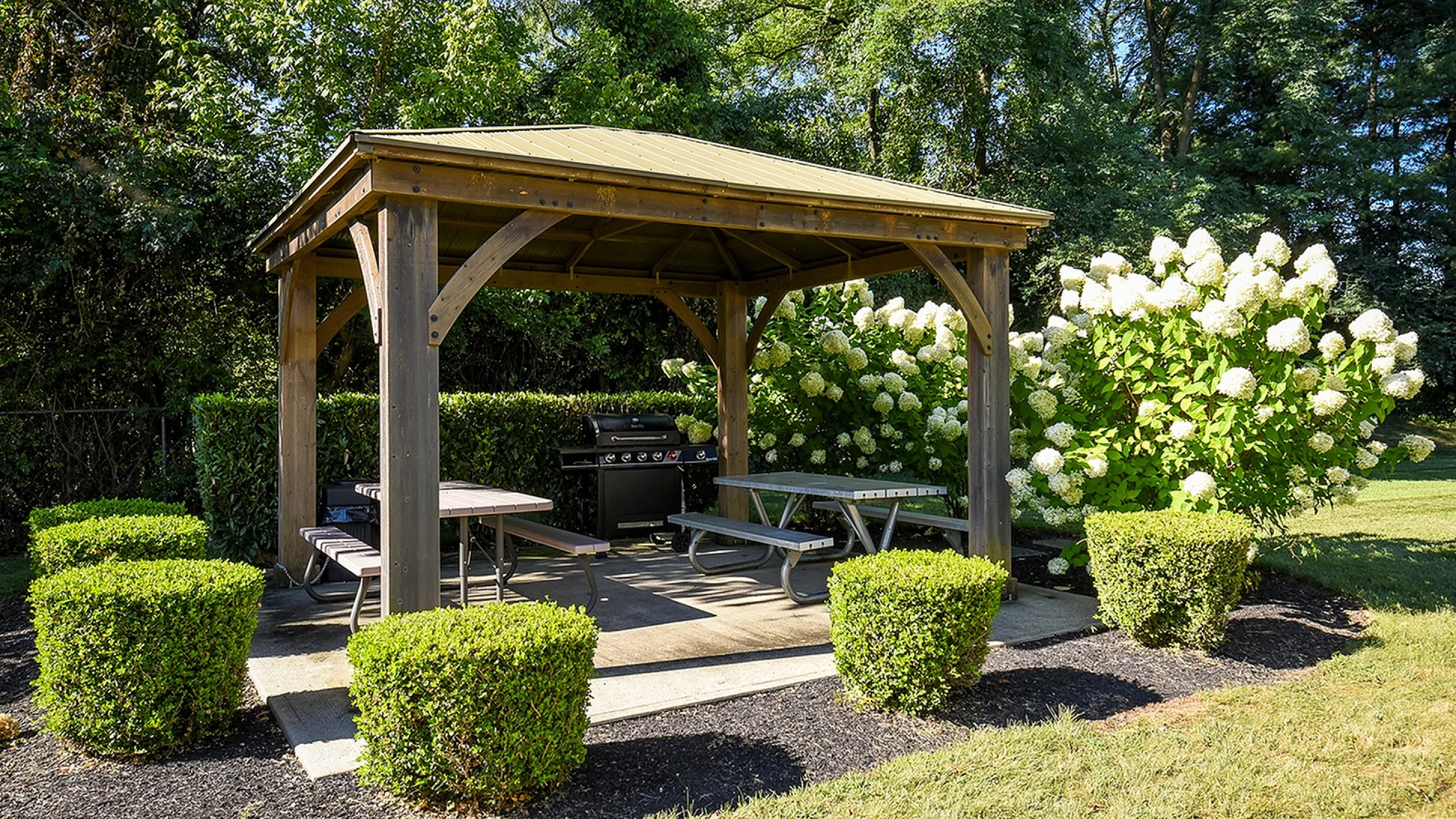 Charming garden gazebo with picnic tables, surrounded by lush greenery and blooming hydrangeas, perfect for outdoor gatherings.