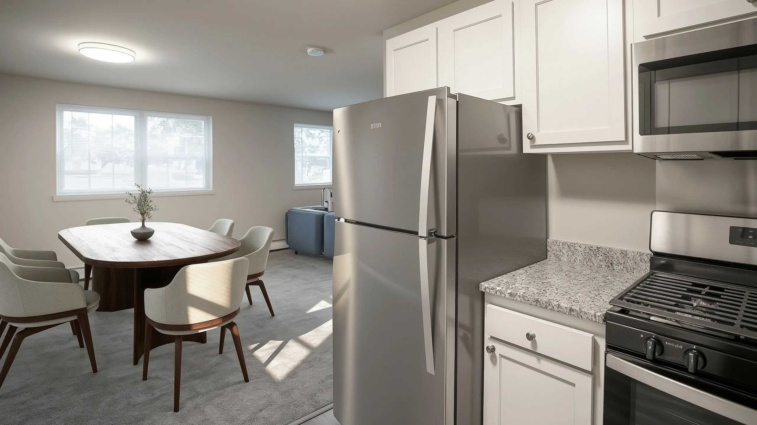 Modern kitchen and dining area with stainless steel appliances, elegant wooden table, and plush seating bathed in natural light.