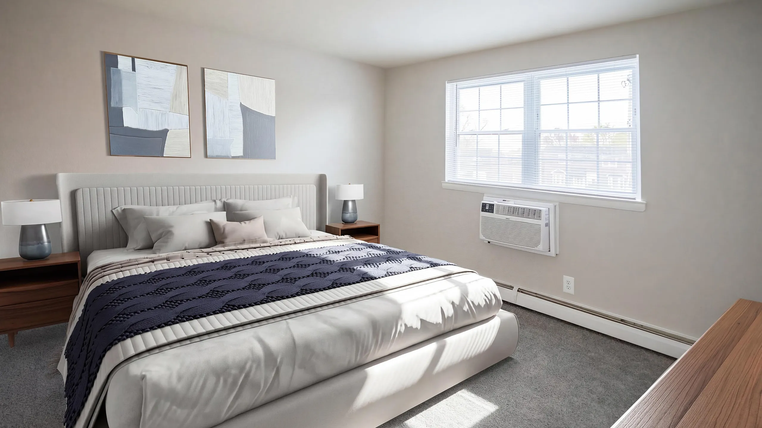 Bright and inviting bedroom with a plush king-size bed, modern decor, and ample natural light streaming through large windows.