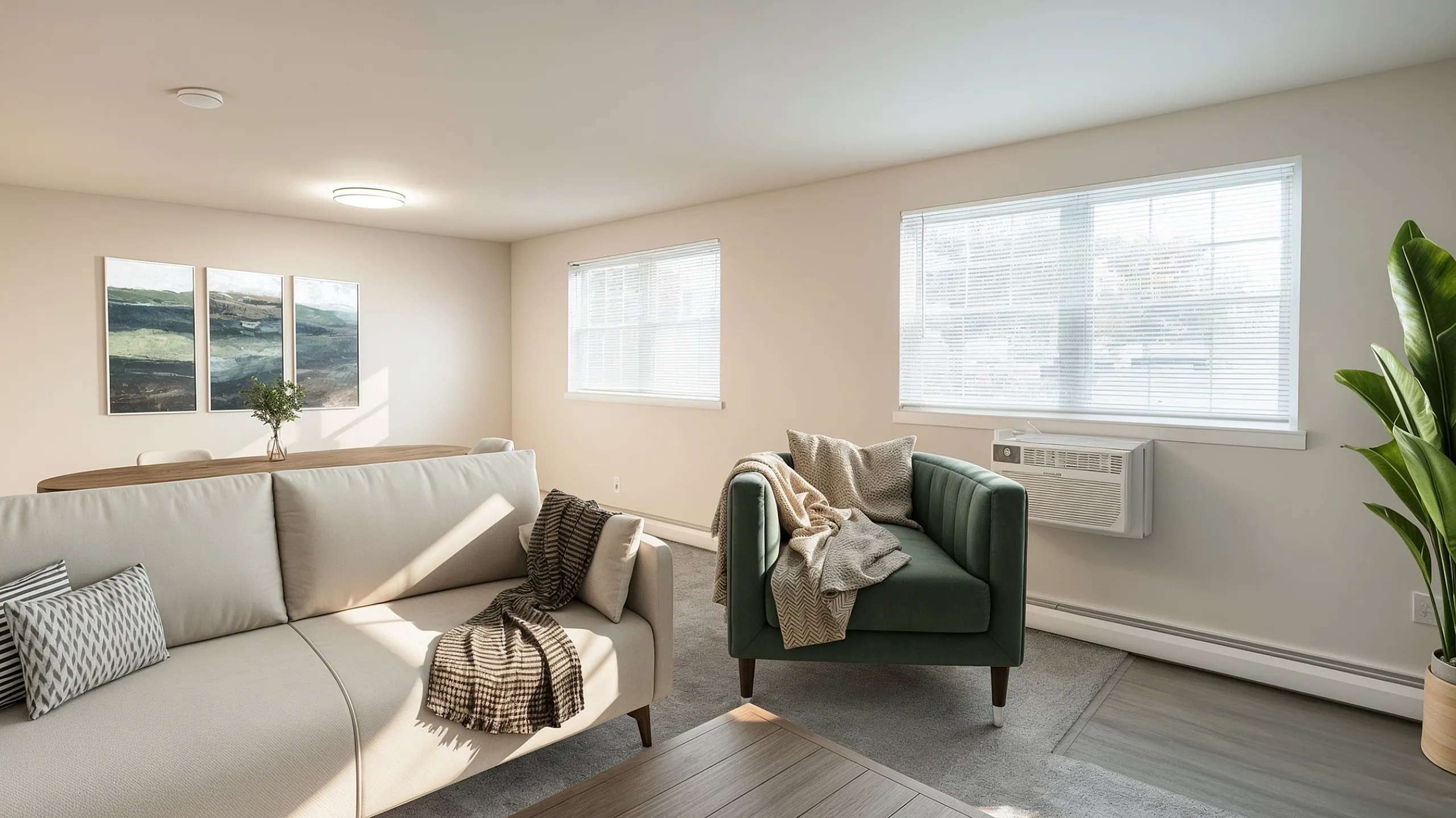 Bright and cozy living room with modern decor, featuring a plush beige sofa, elegant green armchair, and stylish wooden coffee table. Sunlit windows and minimalist art create a welcoming atmosphere.