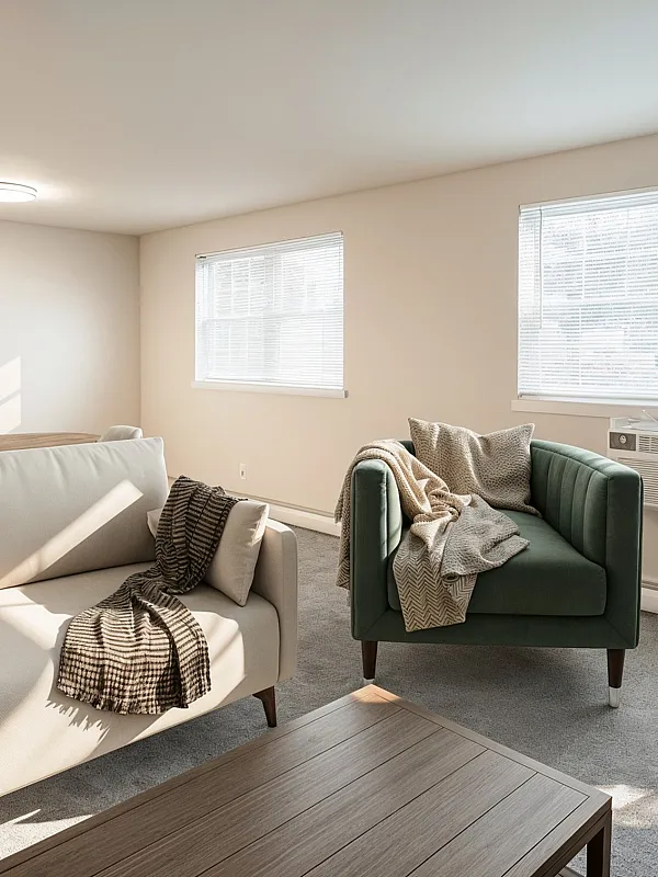 Bright and inviting living room with modern beige sofa, elegant green armchair, and large windows allowing natural light, complemented by stylish decor and indoor plant.