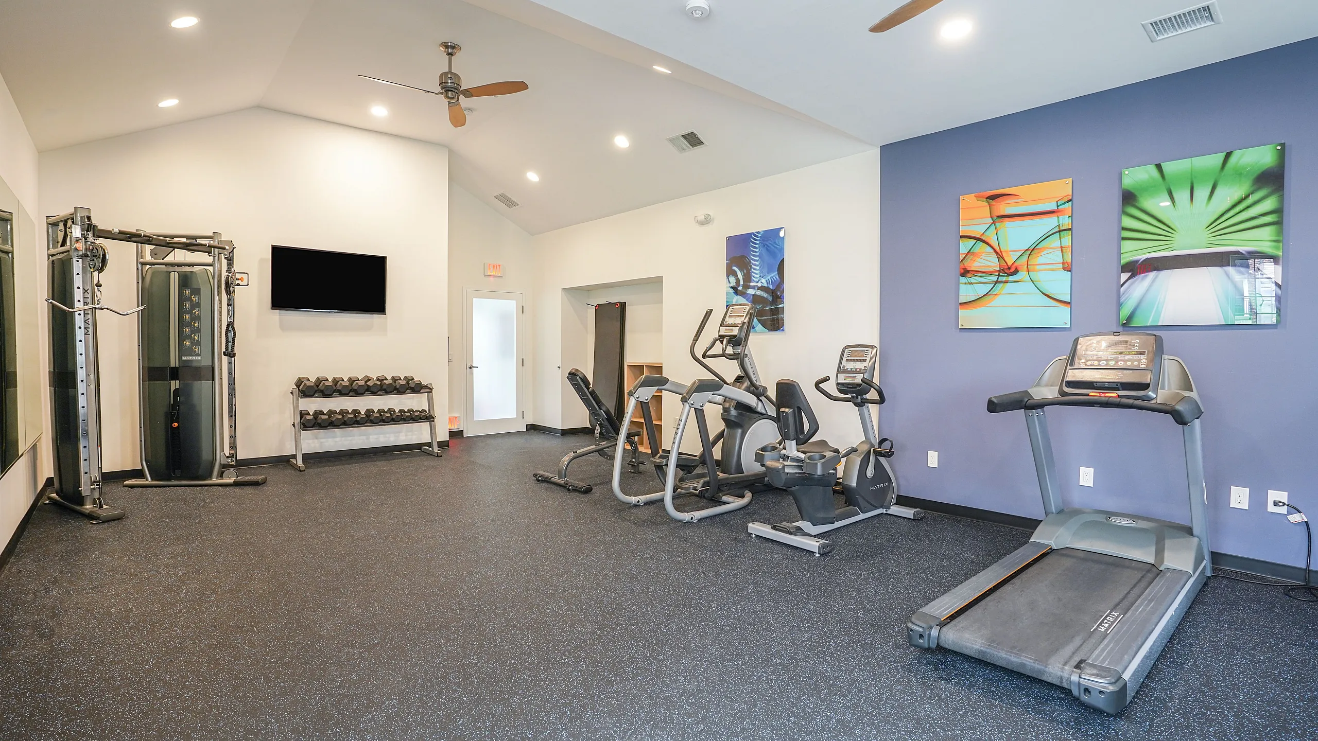 Modern fitness center with state-of-the-art equipment, vibrant wall art, and ample natural lighting.