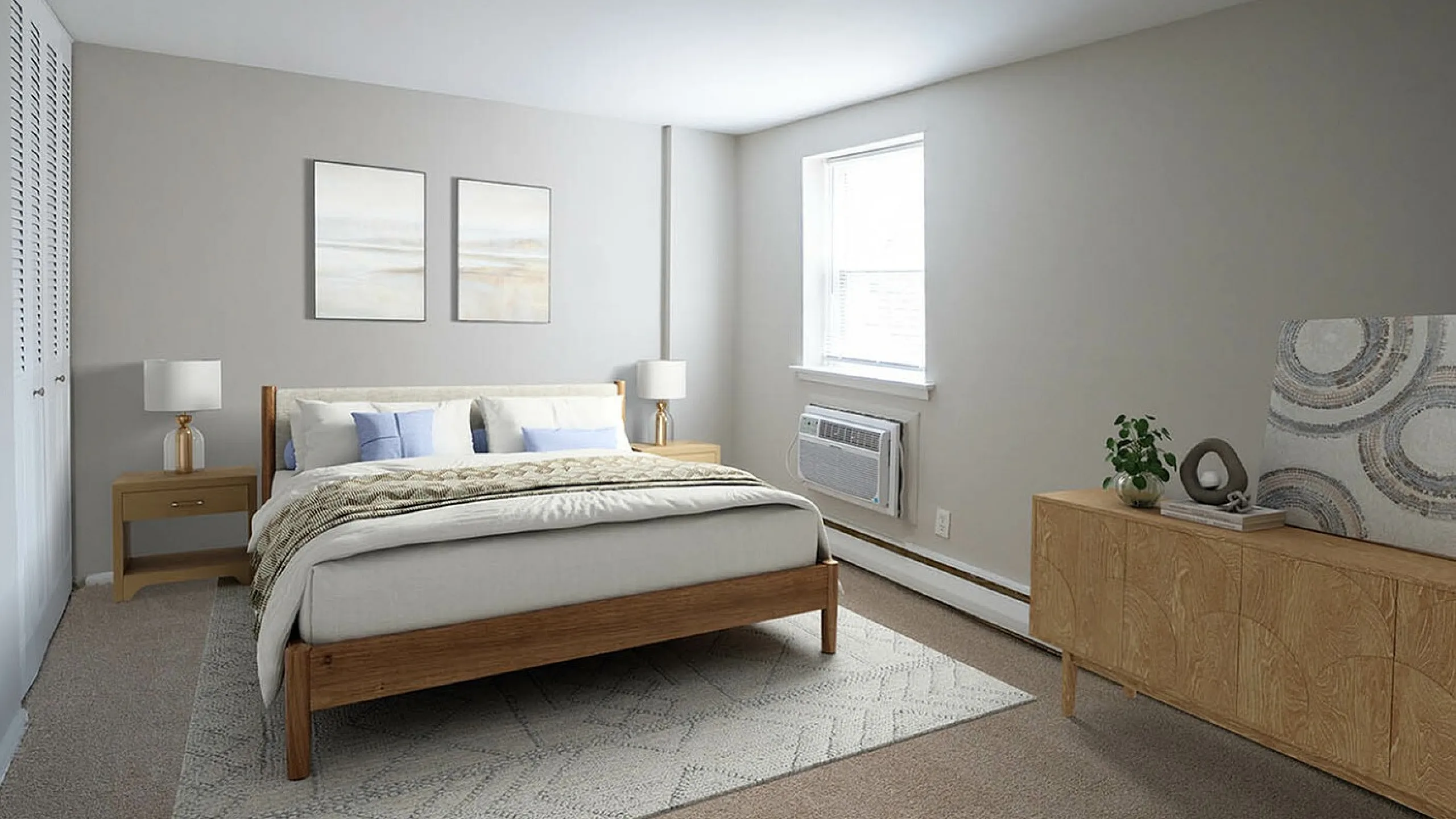 Inviting bedroom with a modern wooden bed, elegant decor, soft carpet, and abundant natural light from a large window.
