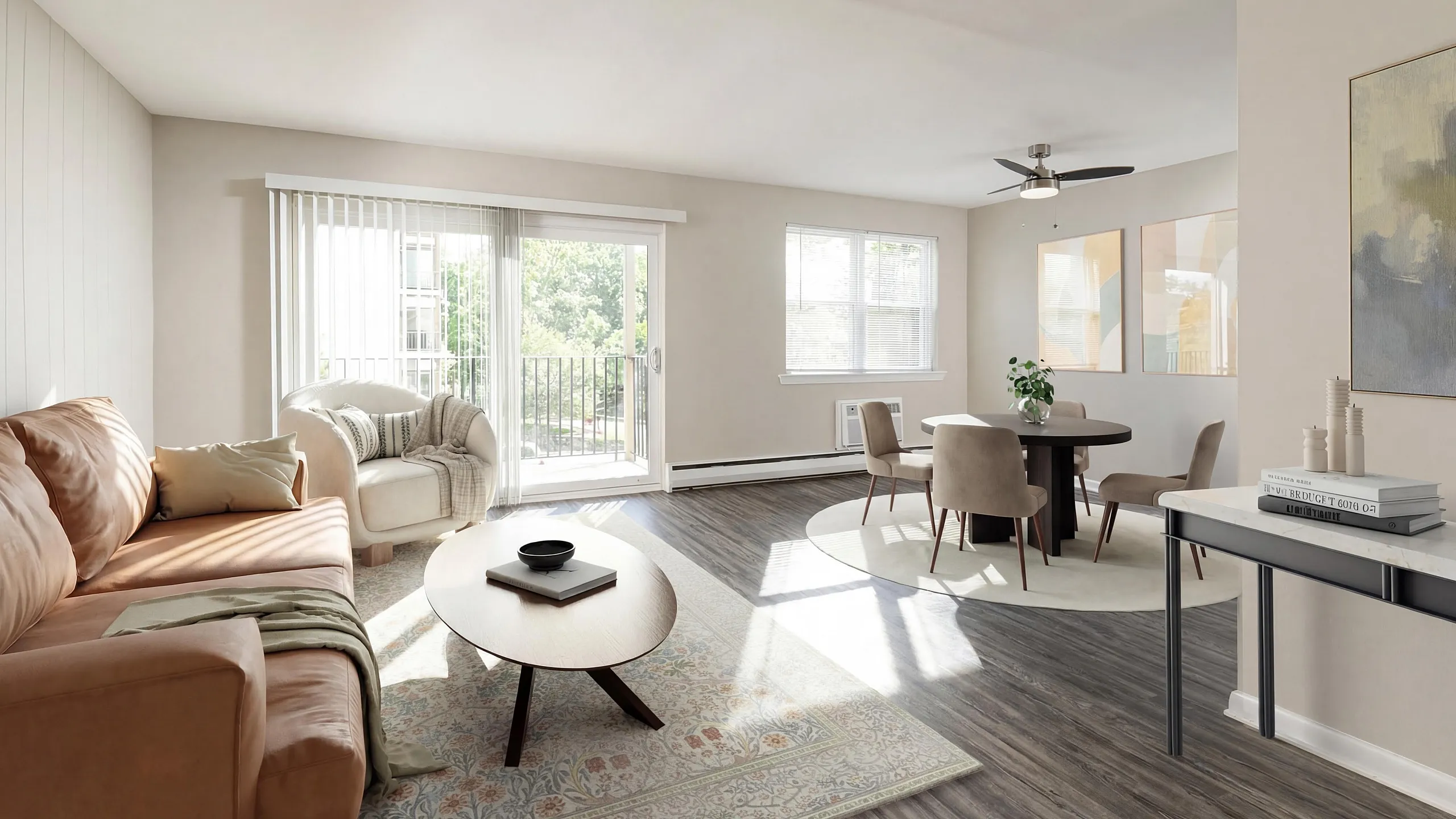 Bright and welcoming living and dining area with modern furniture, elegant decor, and expansive windows overlooking a lush view.