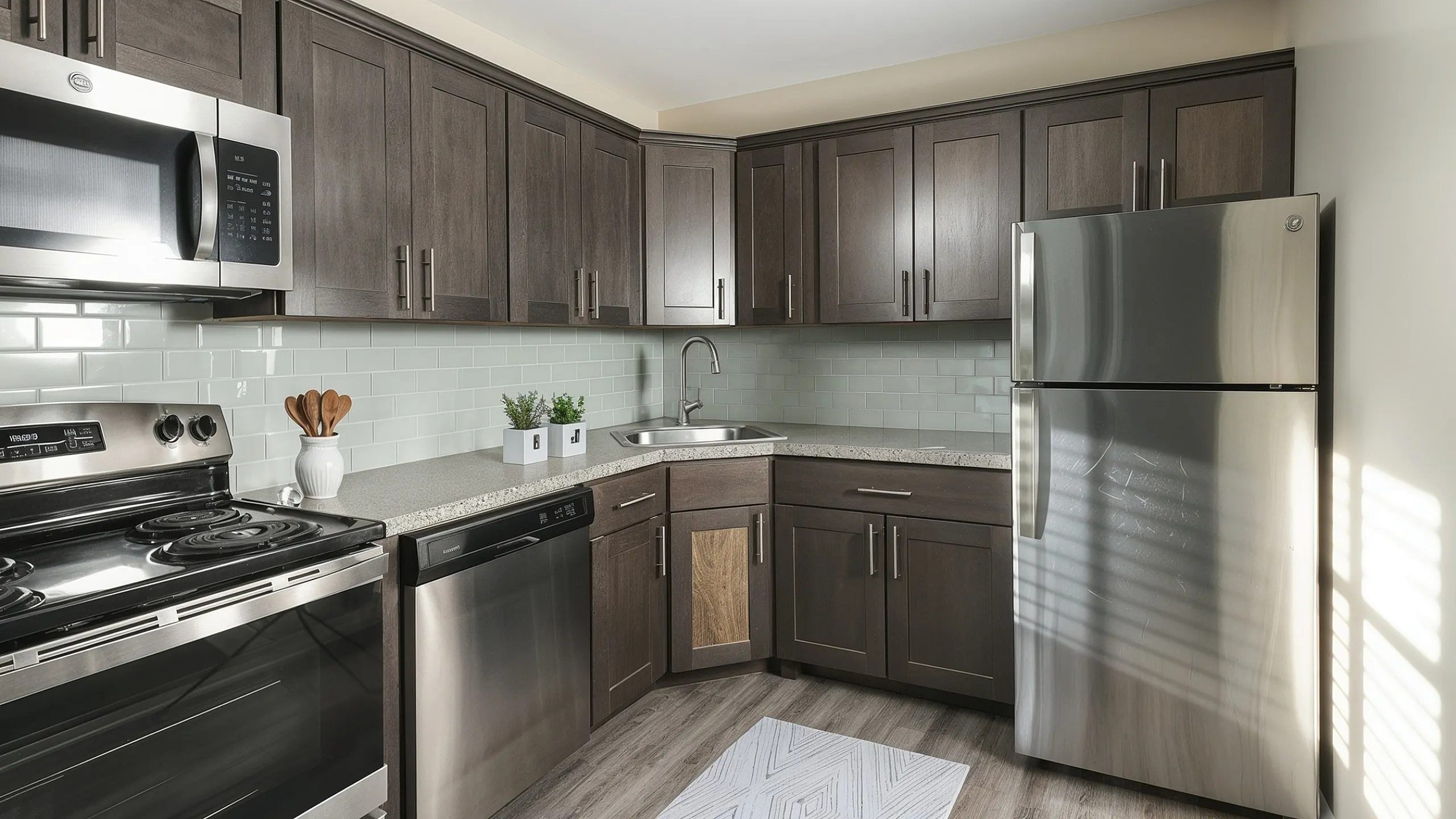 Modern kitchen with sleek dark wood cabinets, stainless steel appliances, and stylish subway tile backsplash.