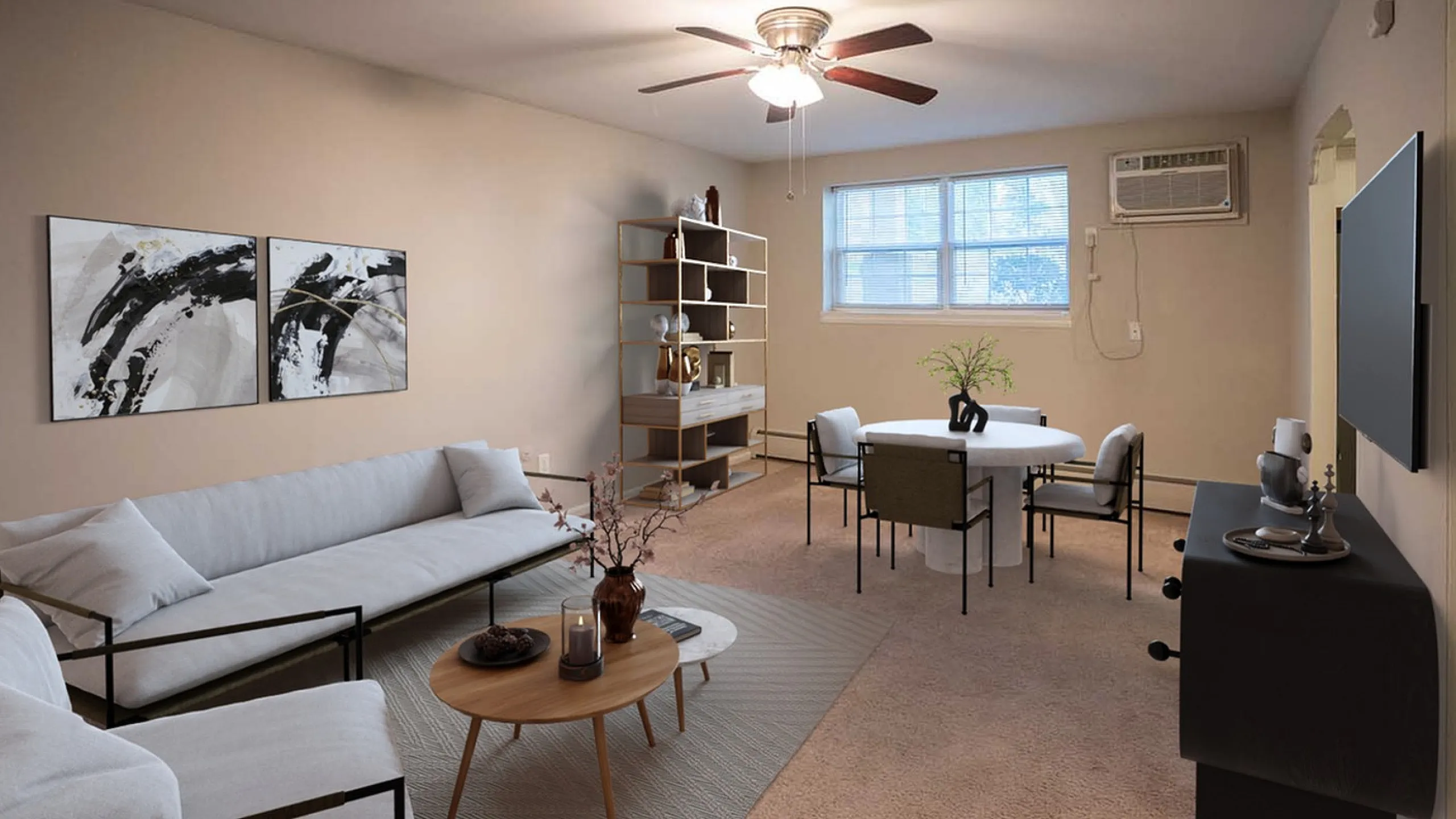 Inviting living room with modern decor, featuring a cozy sofa, elegant wall art, and a stylish dining area under soft, ambient lighting.