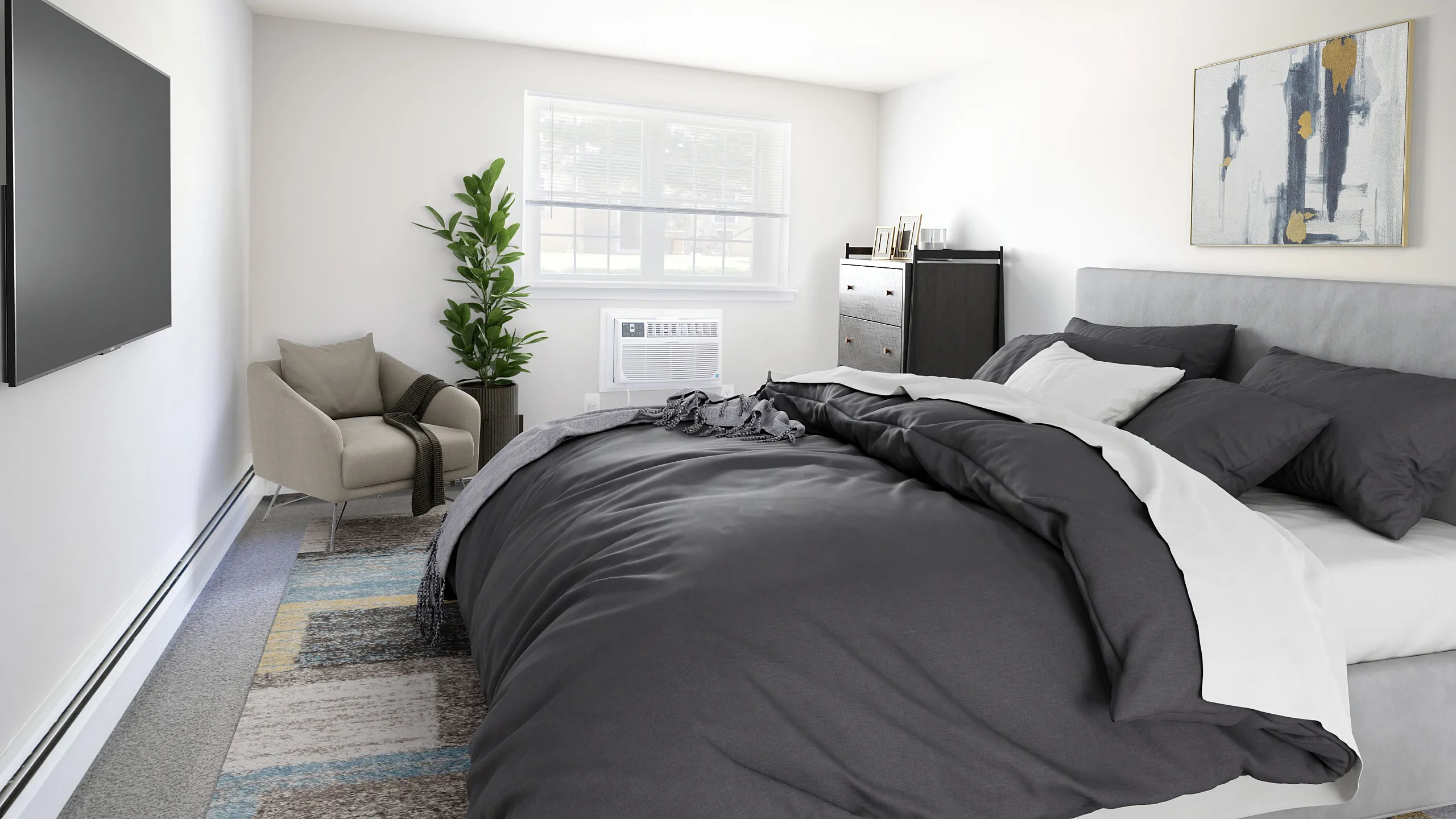 Bright and modern bedroom featuring a cozy gray bedding setup, elegant accent chair, and a fresh green plant by the window, perfect for relaxation.