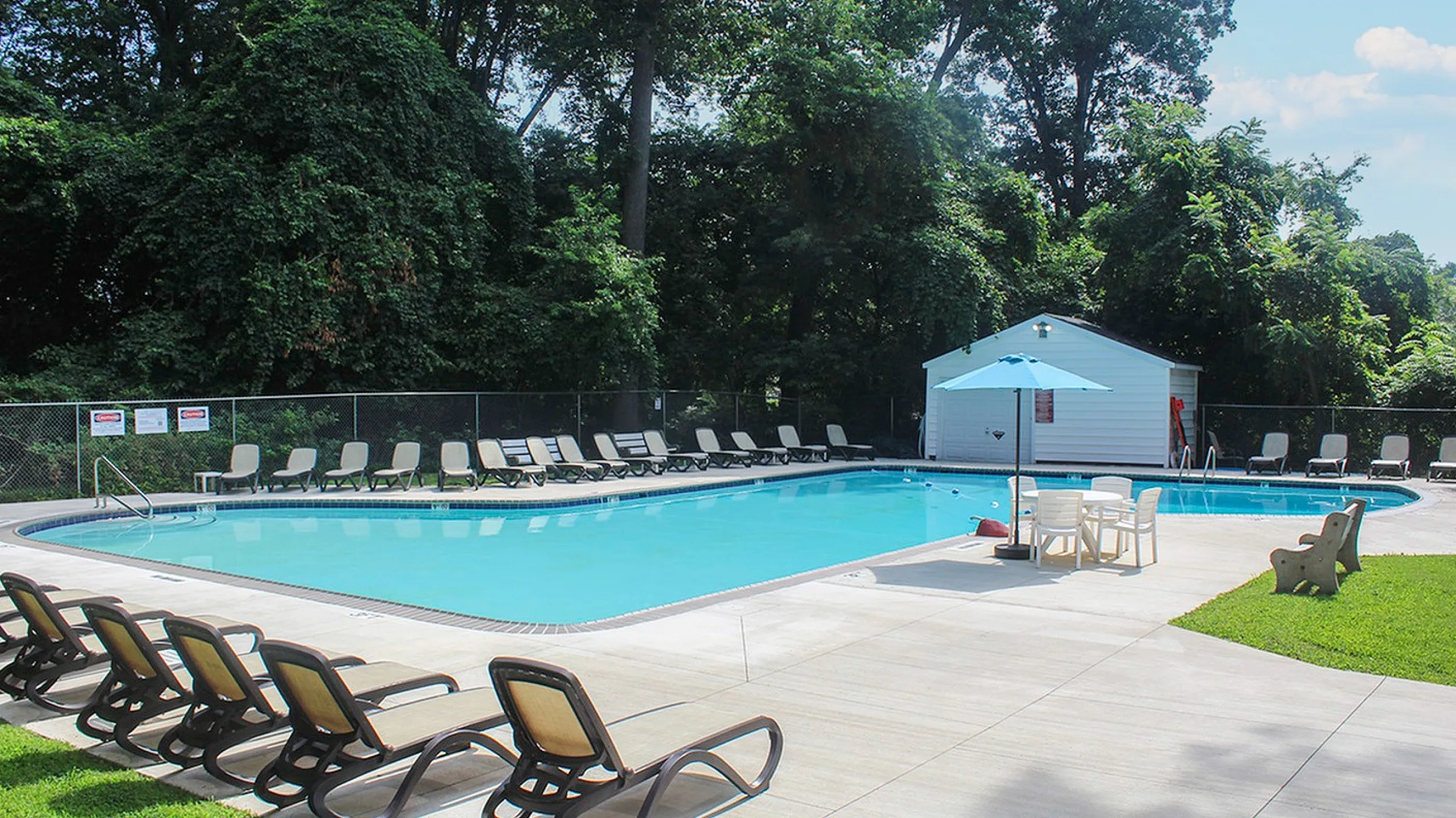 Inviting outdoor pool surrounded by lush greenery, featuring stylish lounge chairs and a cozy seating area with a blue umbrella.