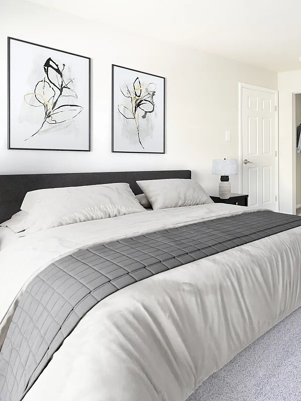 Elegant bedroom showcasing a modern design with a plush bed, stylish artwork, and ample closet space.